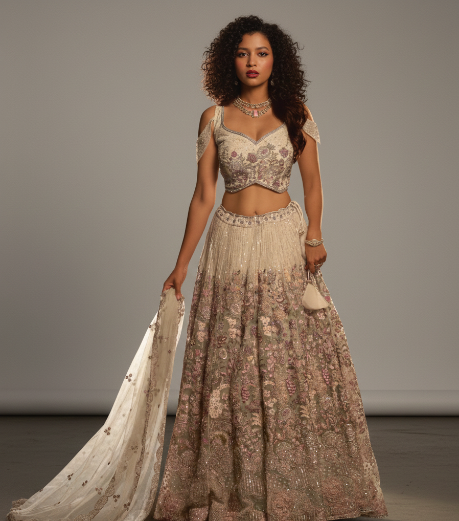 Ivory Pearl Net Embroidered Mirror Work Designer Lehenga Choli