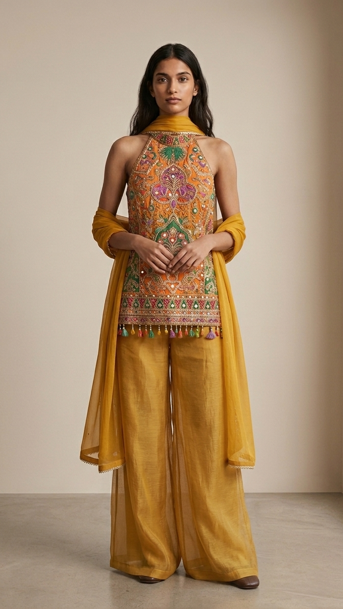 Mustard Yellow Resham Dori & Mirror Work Designer Sharara Set with Dupatta