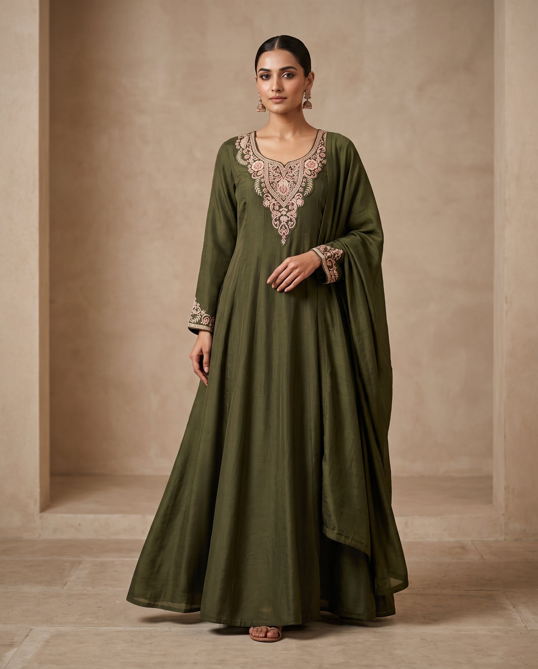Embroidered Flared anarkali with Matching Dupatta – 4 Colours