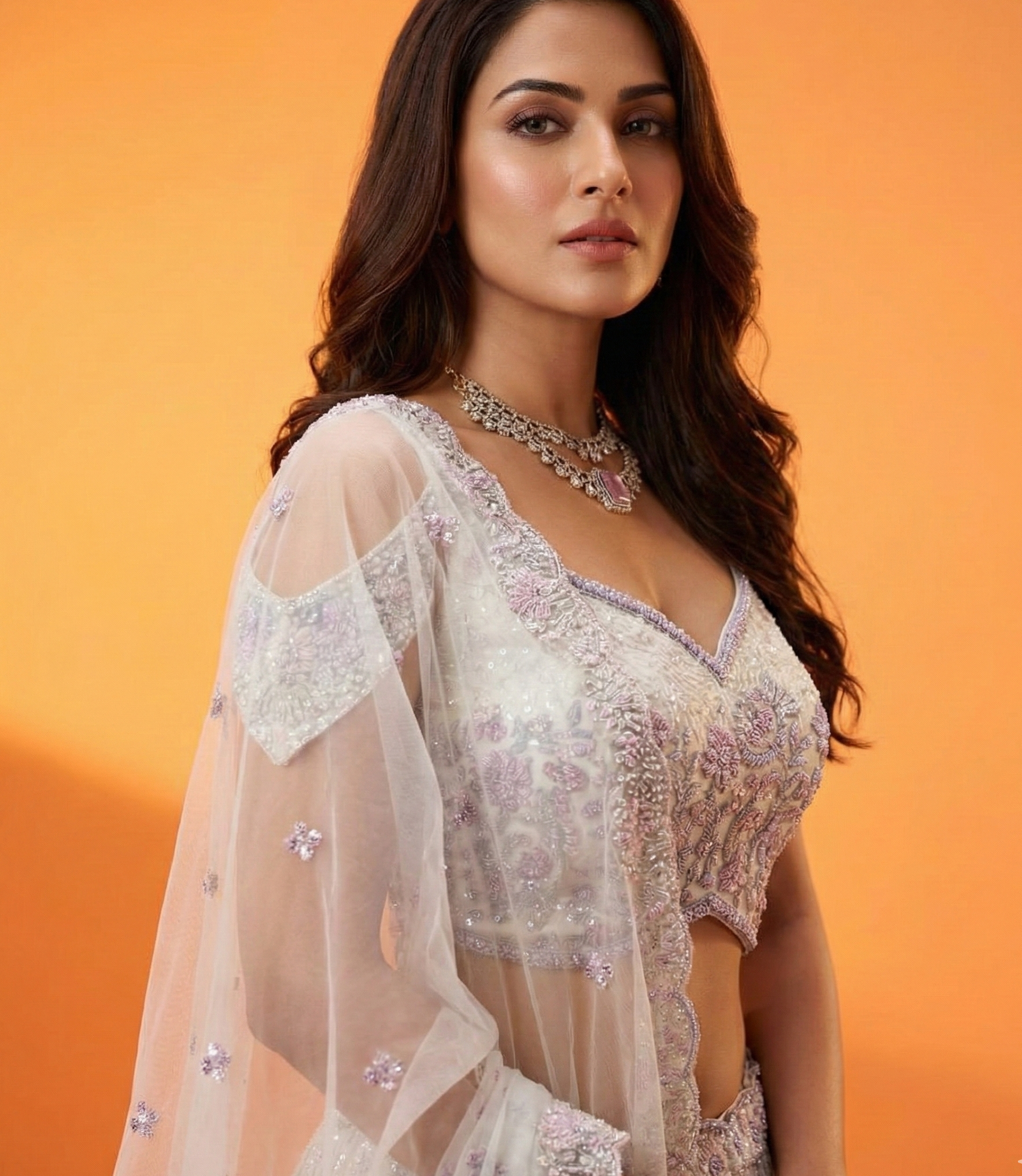 Ivory Pearl Net Embroidered Mirror Work Designer Lehenga Choli