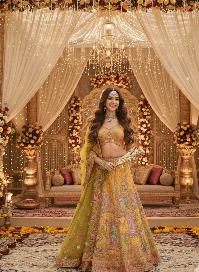 Mustard Yellow Silk Embroidered Designer Lehenga Choli with Net Dupatta