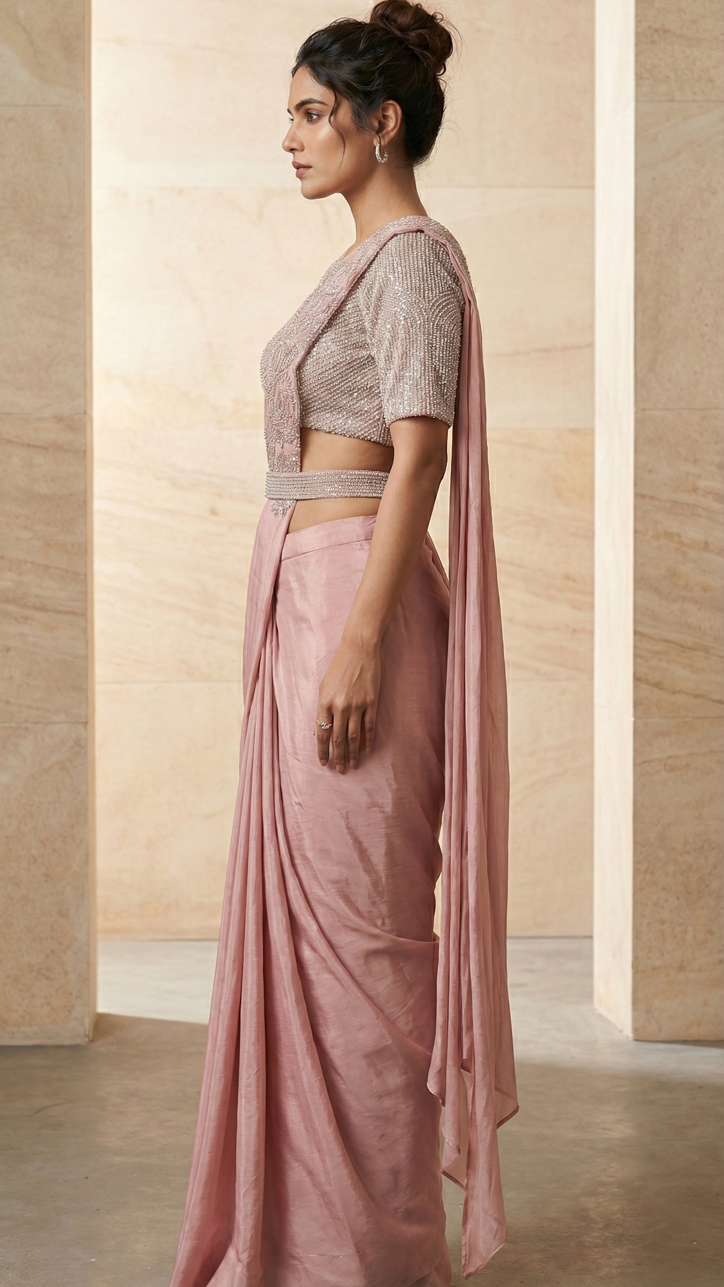 Elegant Chinon Silk Ready-to-Wear Saree with Embroidered Blouse