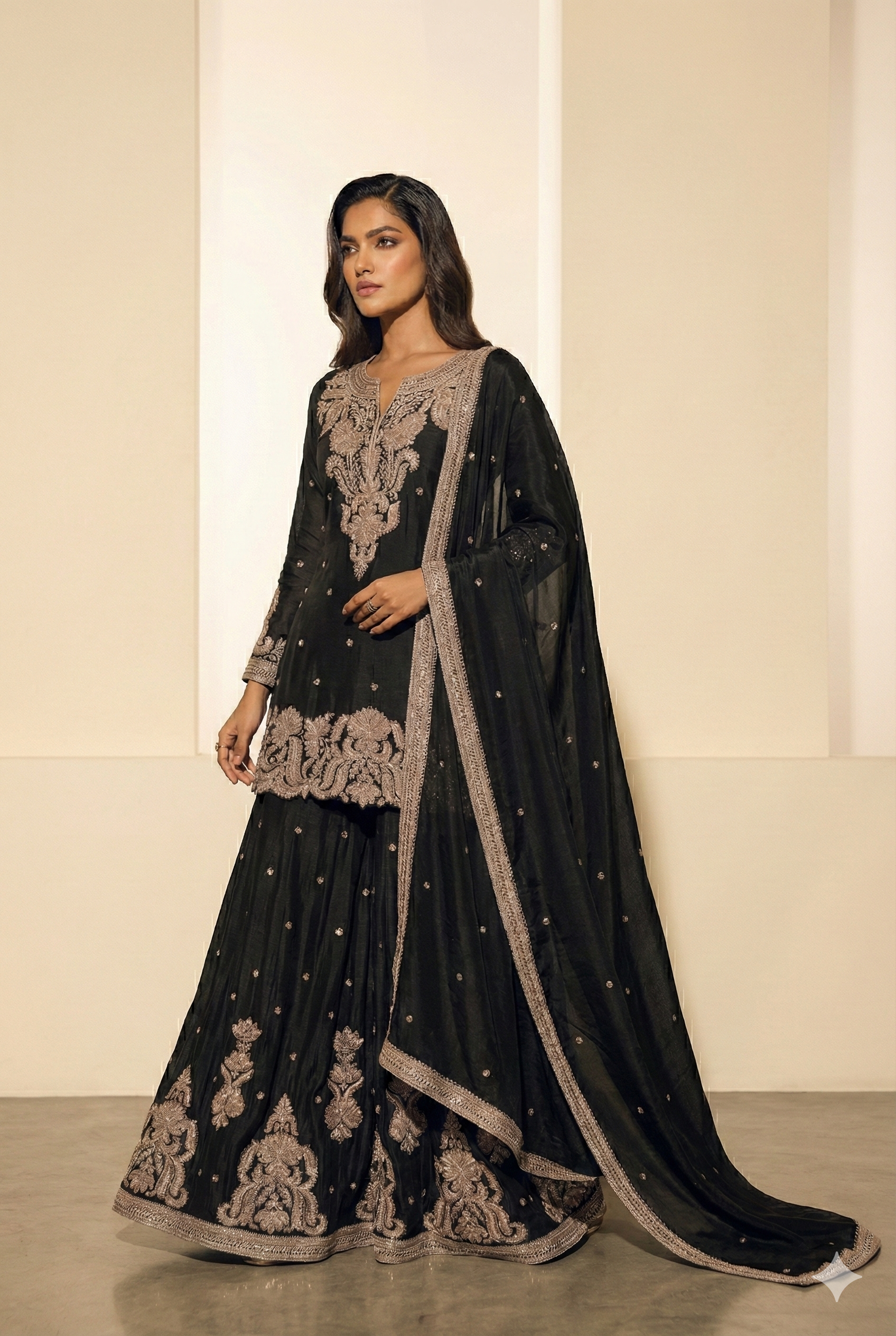 Black Indo-Western Chinnon Silk Embroidered Kurta Set with Dupatta