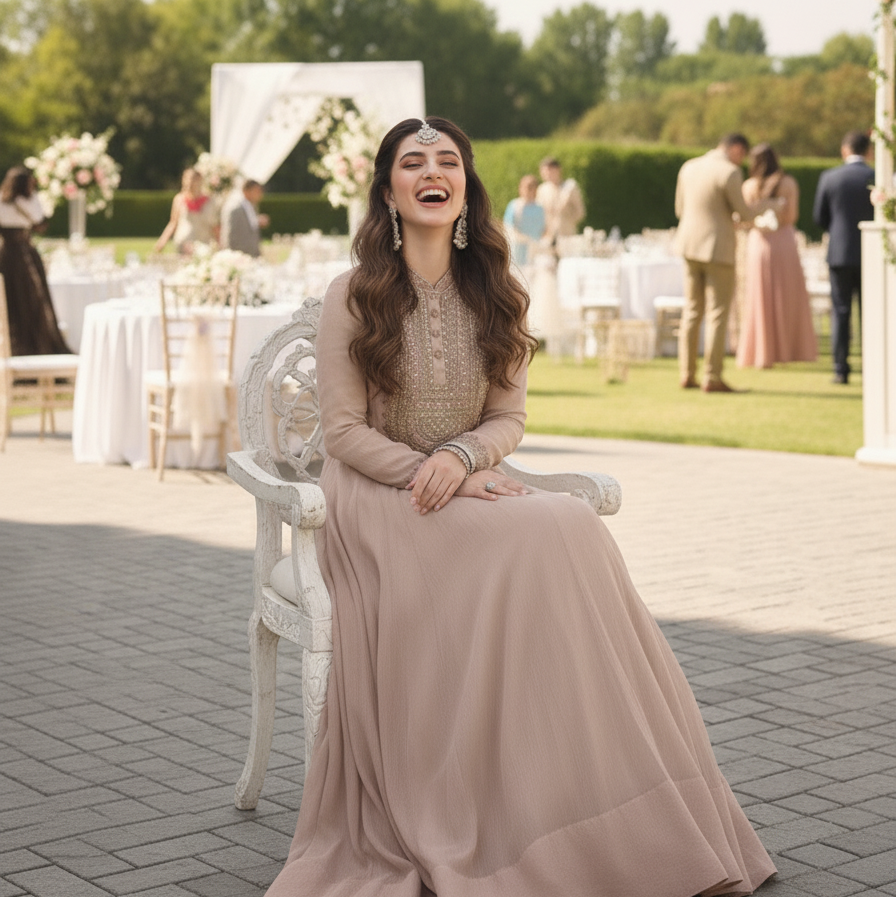 Champagne Beige Premium Crush Silk Embroidered Gown with Chinon Silk Dupatta