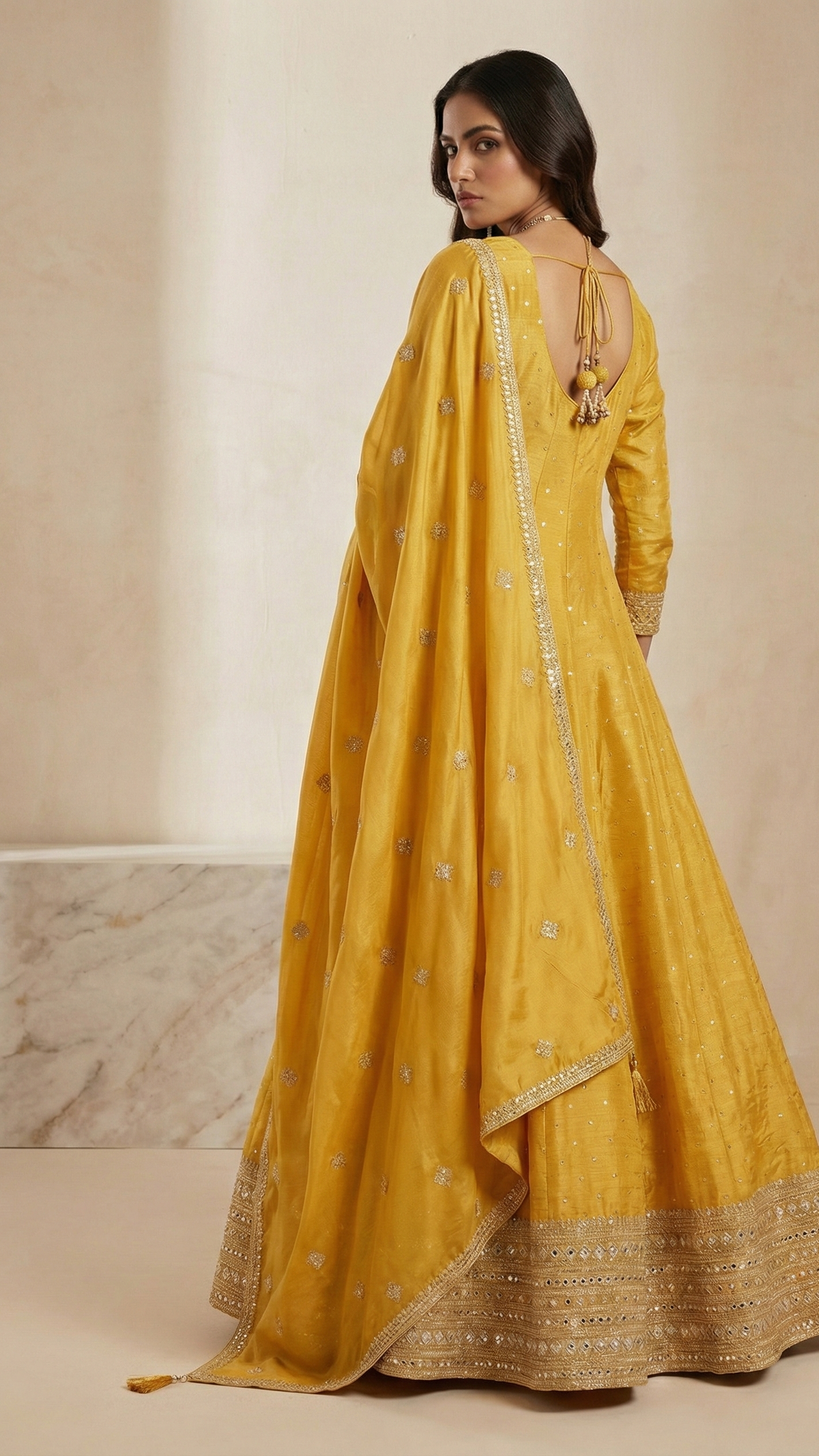 Mustard Gold Pure Viscose Jacquard Silk Gown with Heavy Embroidered Dupatta