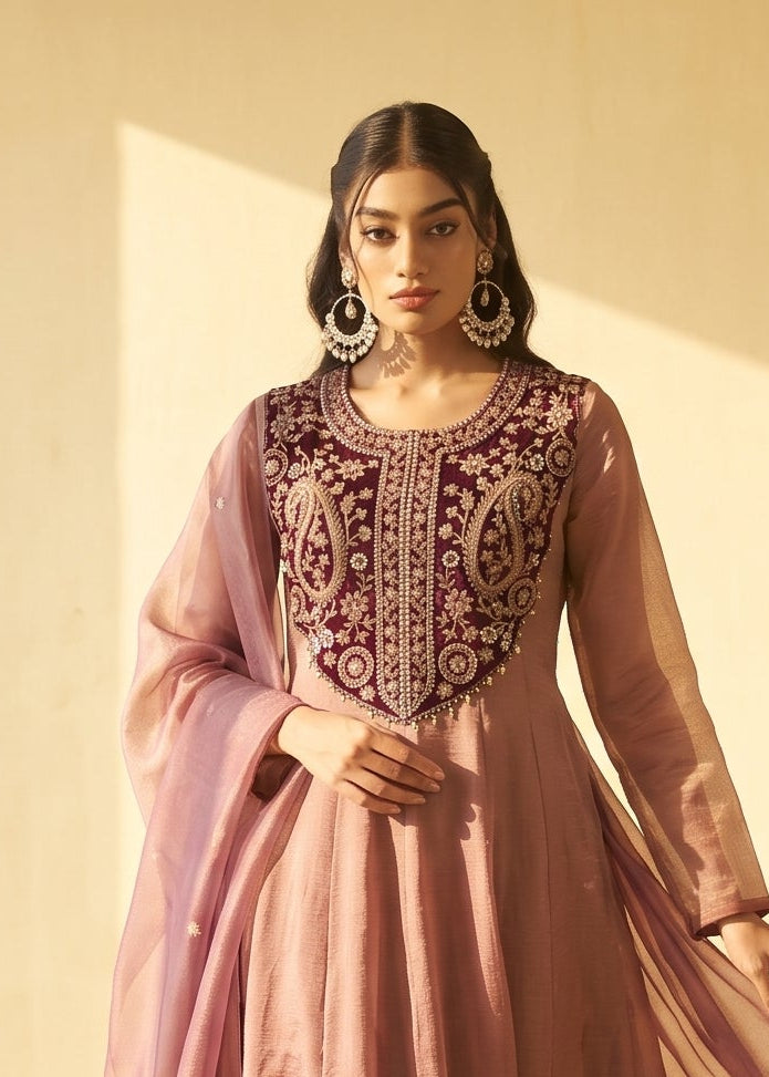 Dusty Rose Organza Embroidered Kurta Palazzo Set with Dupatta