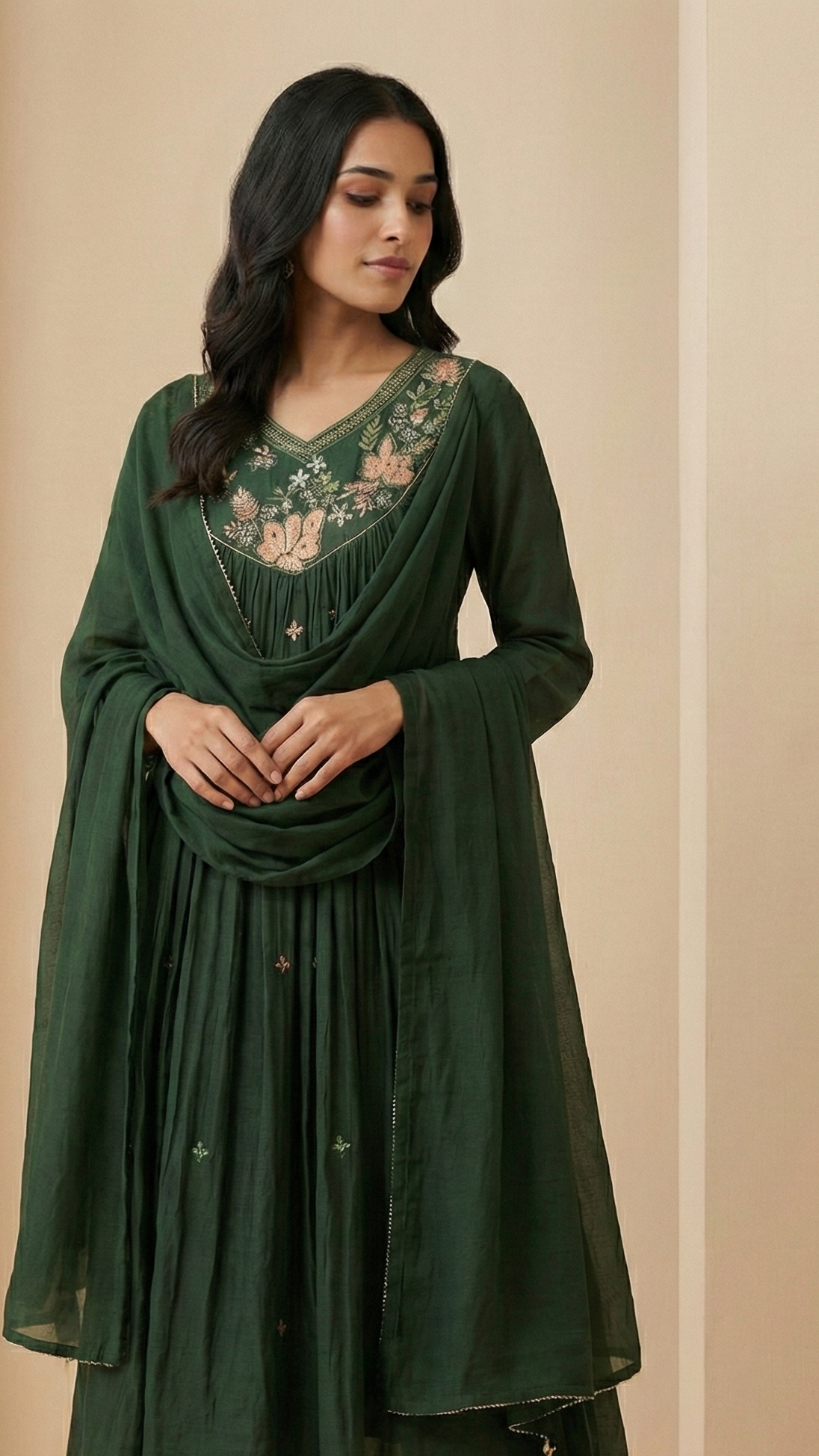 Bottle Green Pure Mulchanderi Suit Set with Handwork | Dupatta & Pants