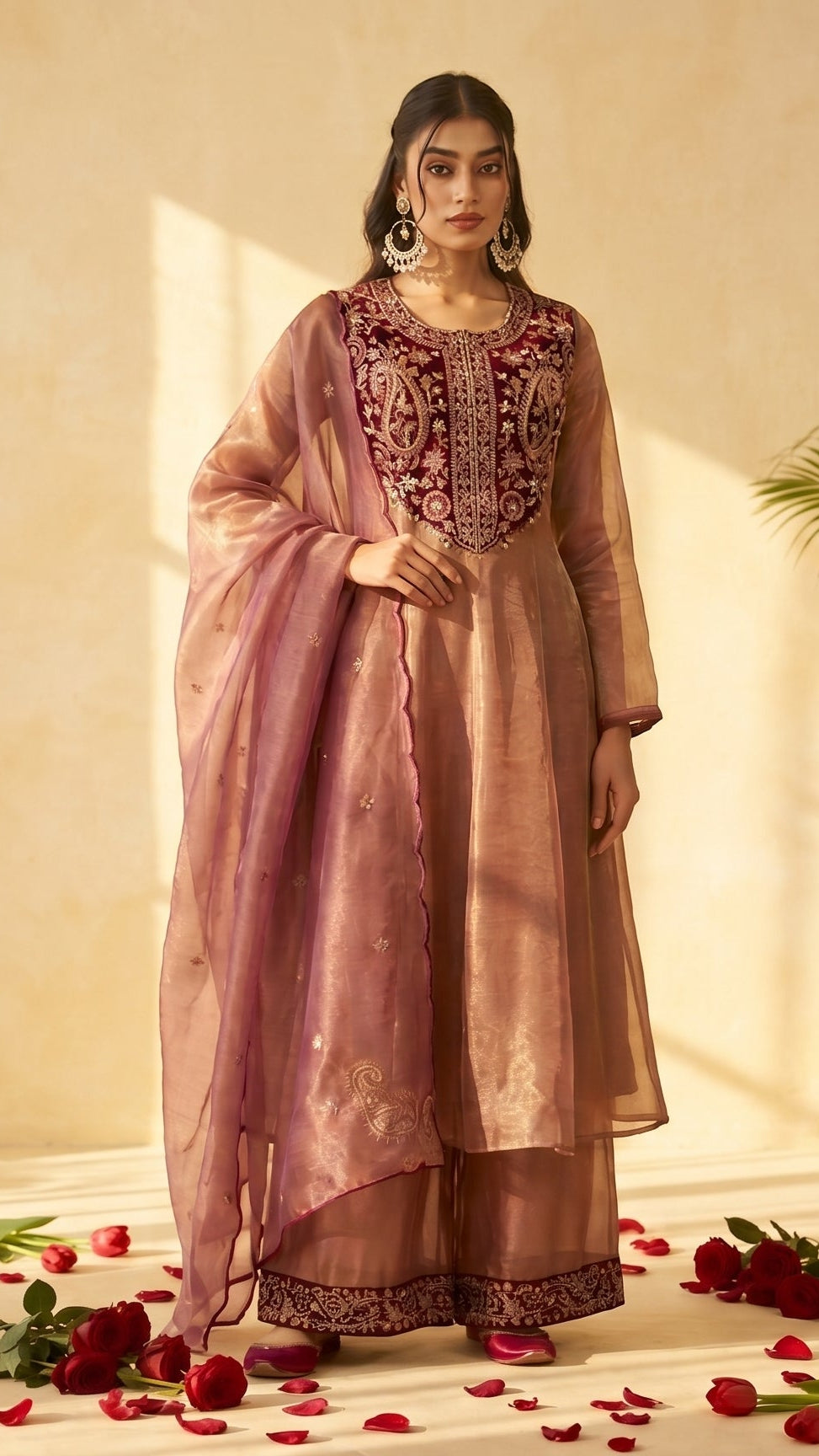 Dusty Rose Organza Embroidered Kurta Palazzo Set with Dupatta
