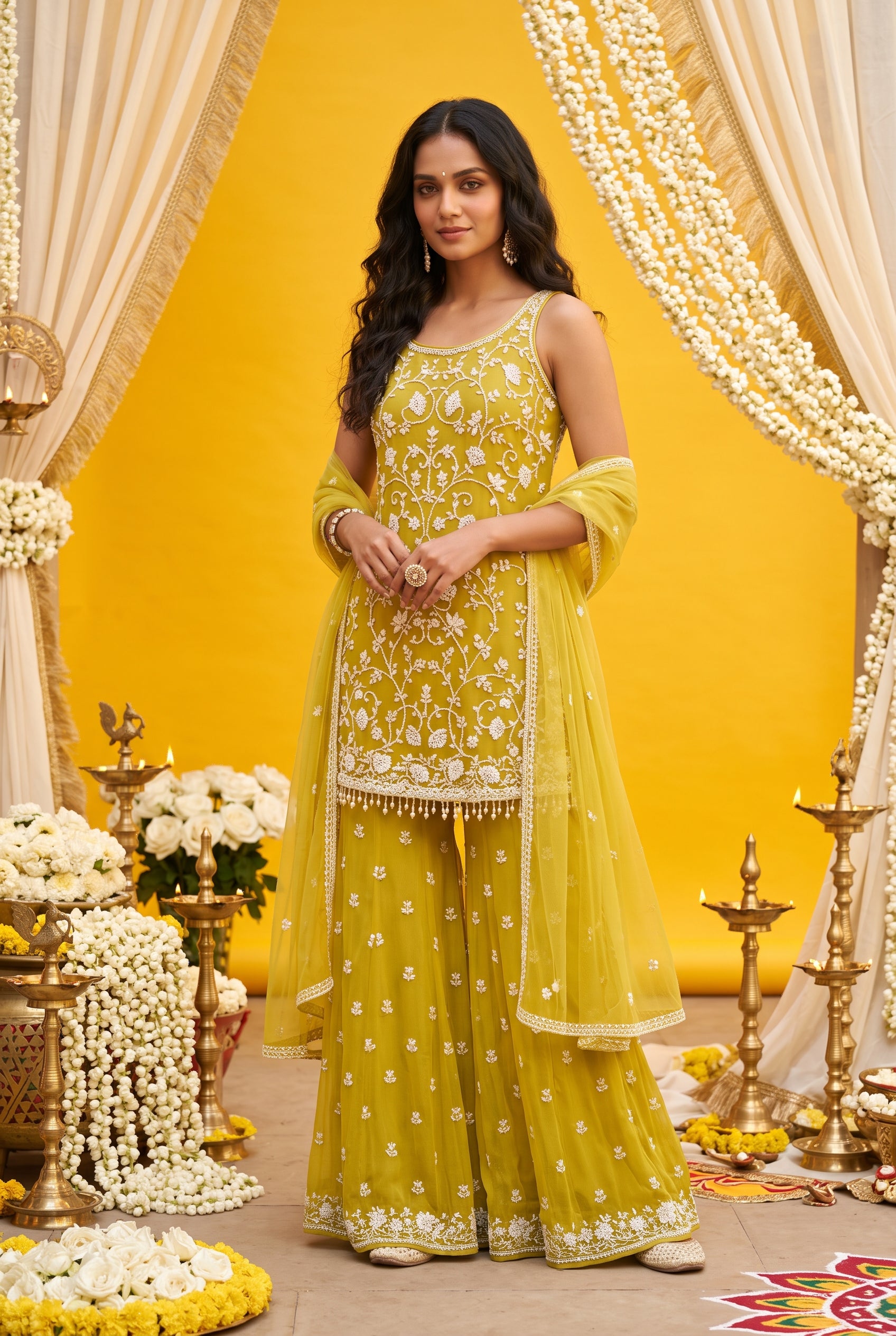 Sunshine Yellow Chiffon Embroidered Sharara Set with Dupatta