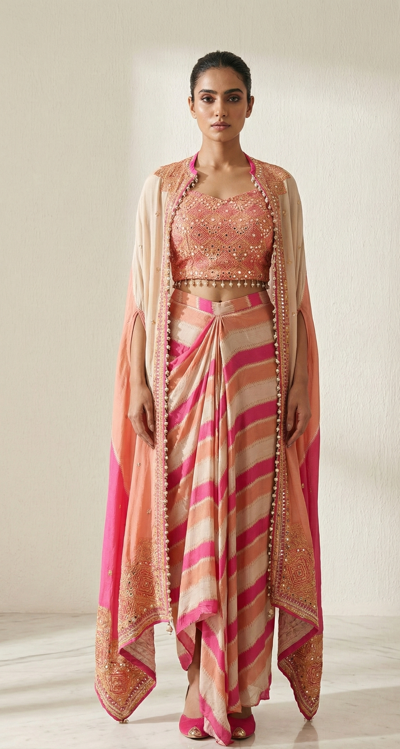 Ivory & Hot Pink Chiffon–Georgette Cape Crop Top with Skirt Set