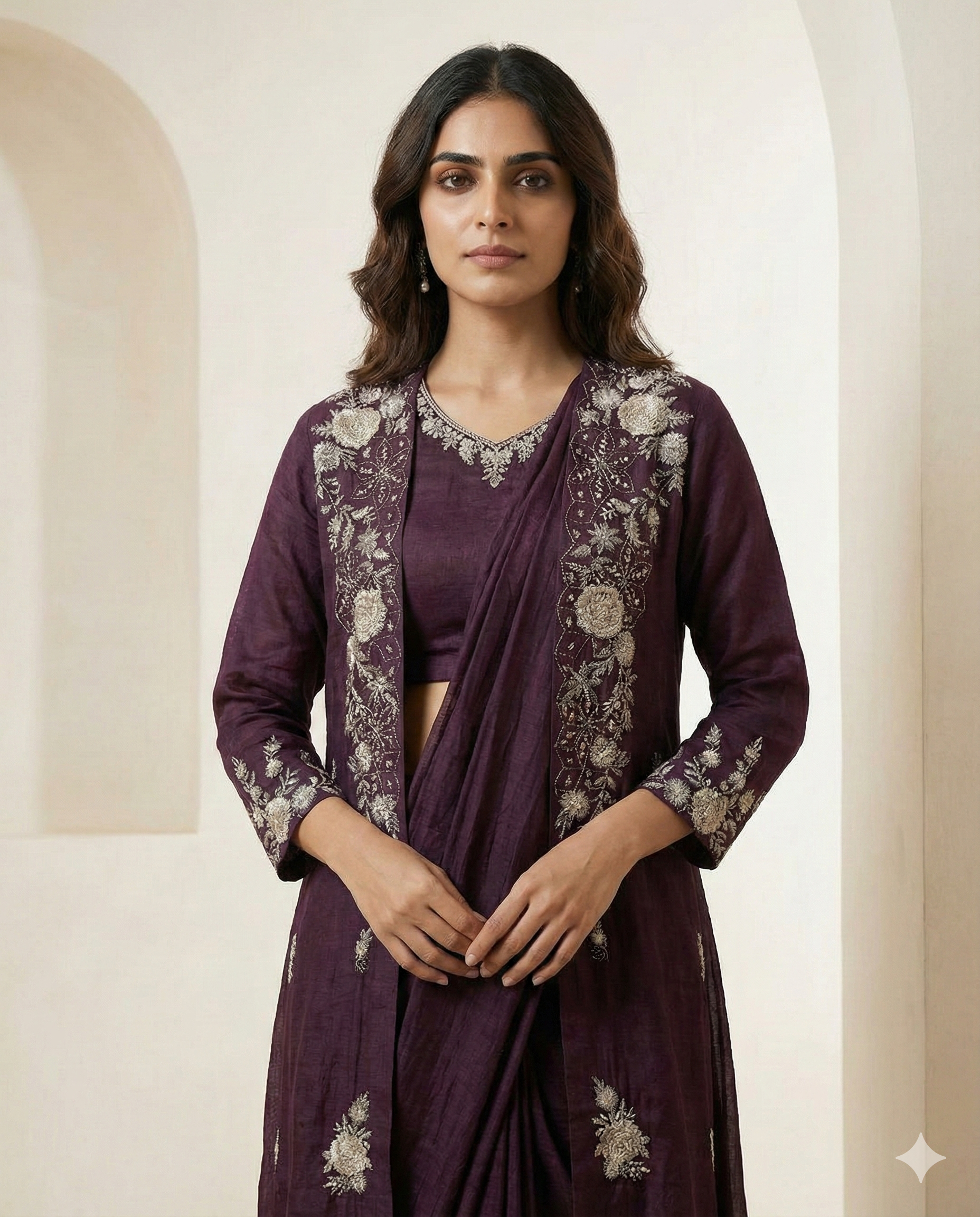 Wine Plum Indo-Western Chinnon Silk Saree Set with Embroidered Jacket