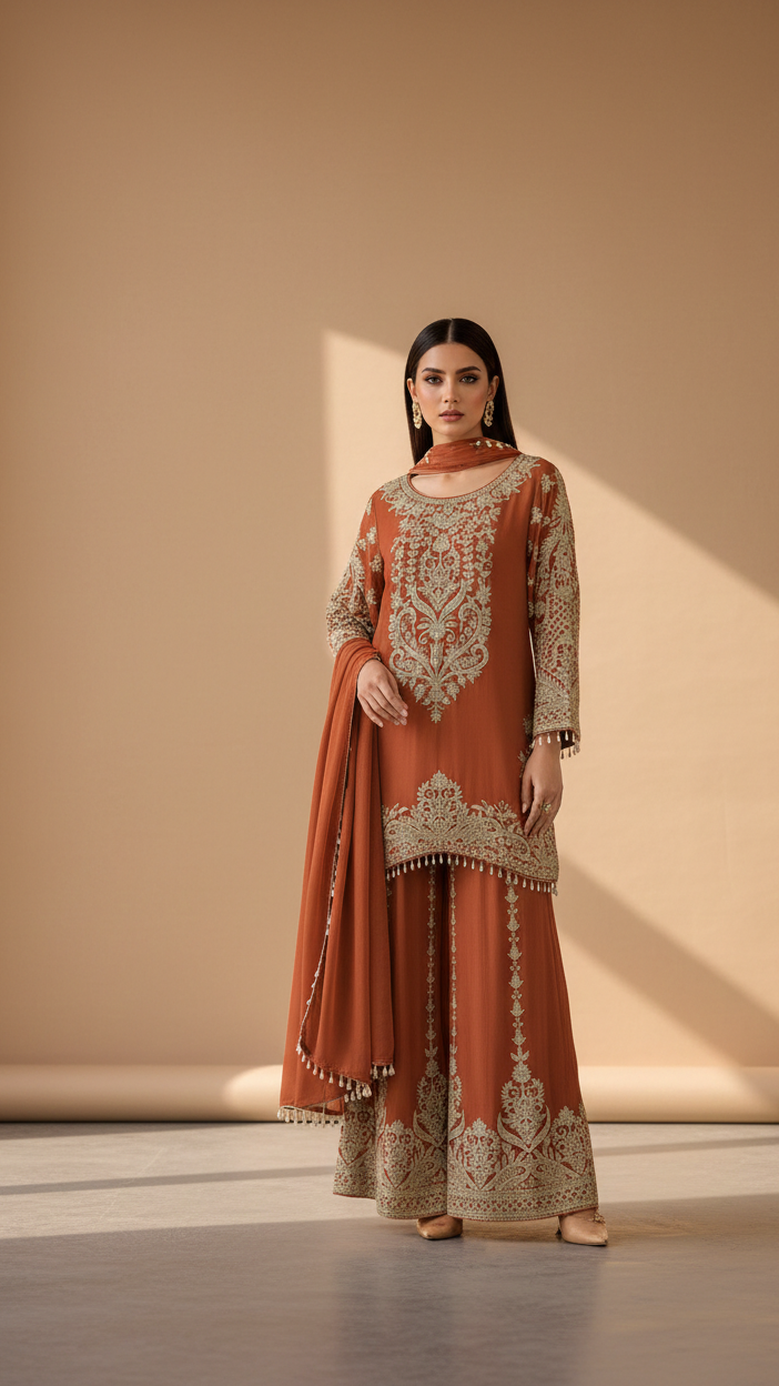 Premium Heavy Chinon Embroidered Kurta Set with Palazzo & Dupatta