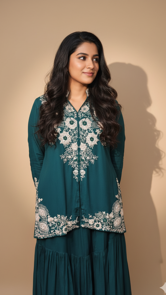 Teal Green Chinnon Handwork Kurta Set with Gharara Bottom