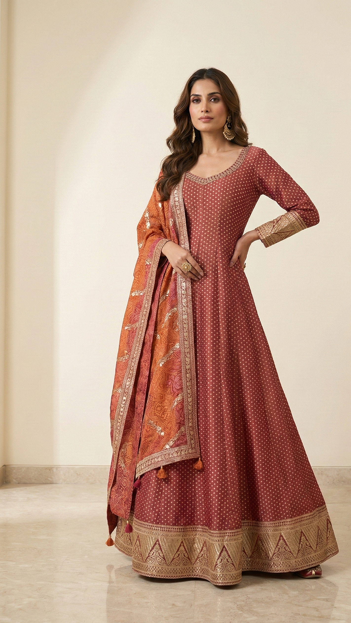 Maroon Viscose Jacquard Silk Gown with Embroidered Chinon Dupatta