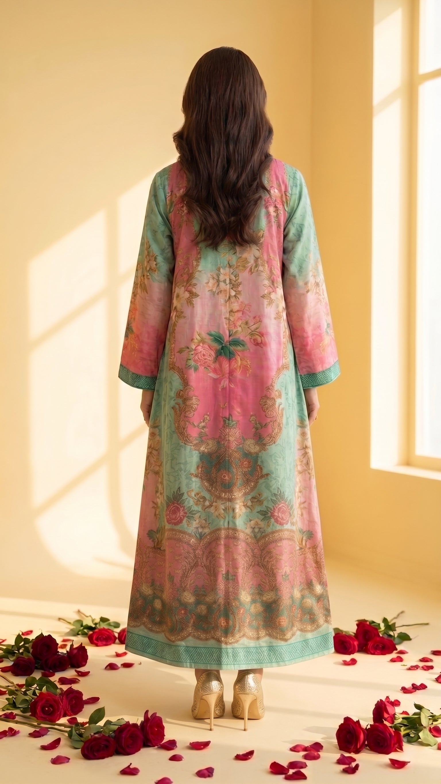 Aqua Mint & Rose Pink Crepe Printed Jacket Suit with Pants