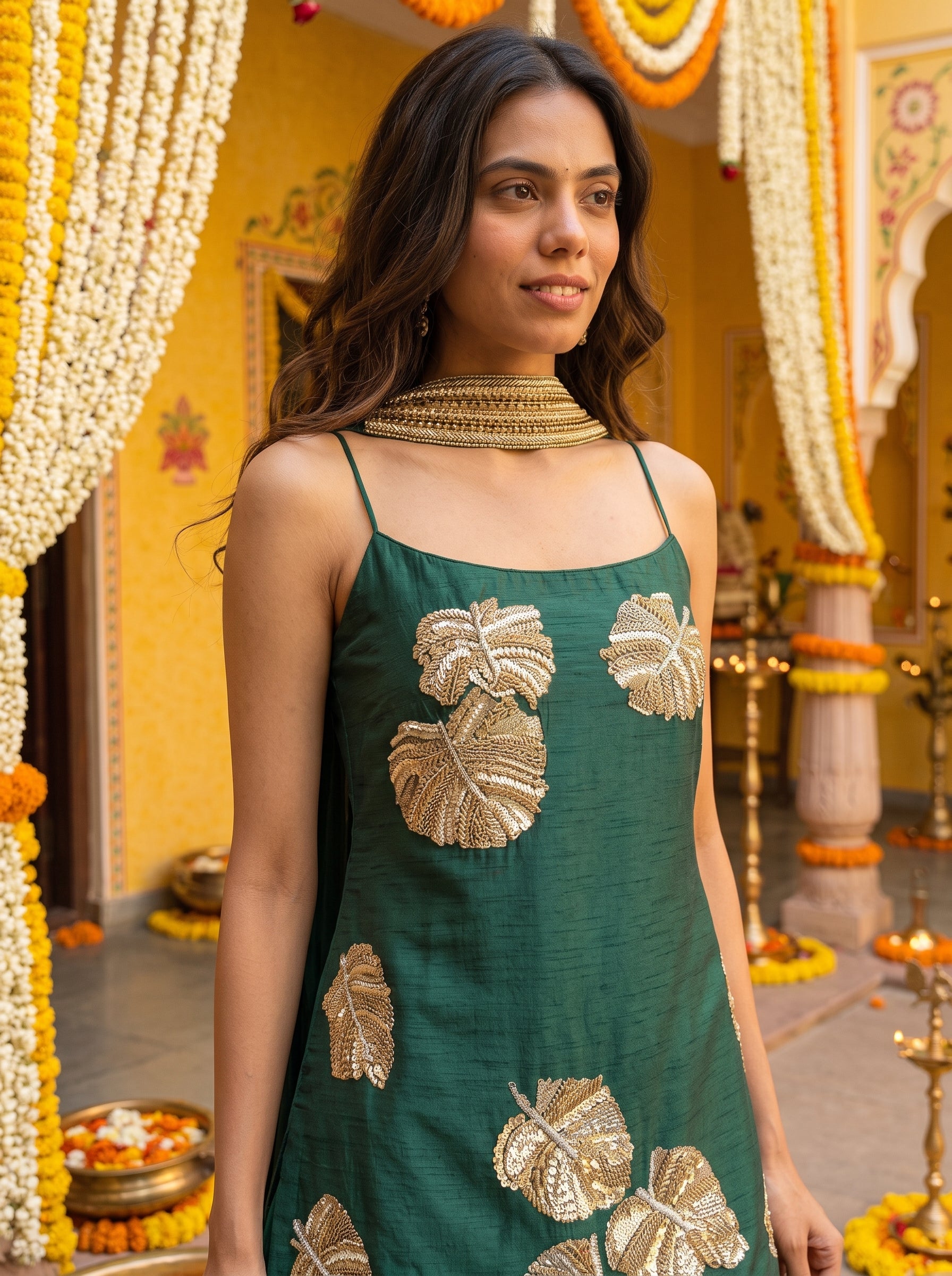Emerald Aura Bottle Green Silk Embroidered Sharara Set with Gold Leaf Work