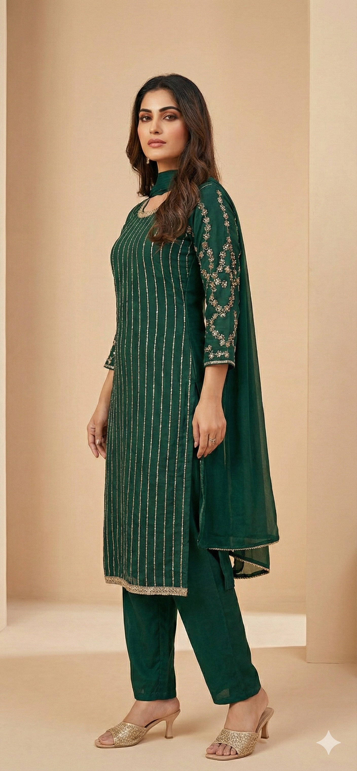 Bottle Green Shimmer Kurta Set with Viscose Bottom and Dupatta