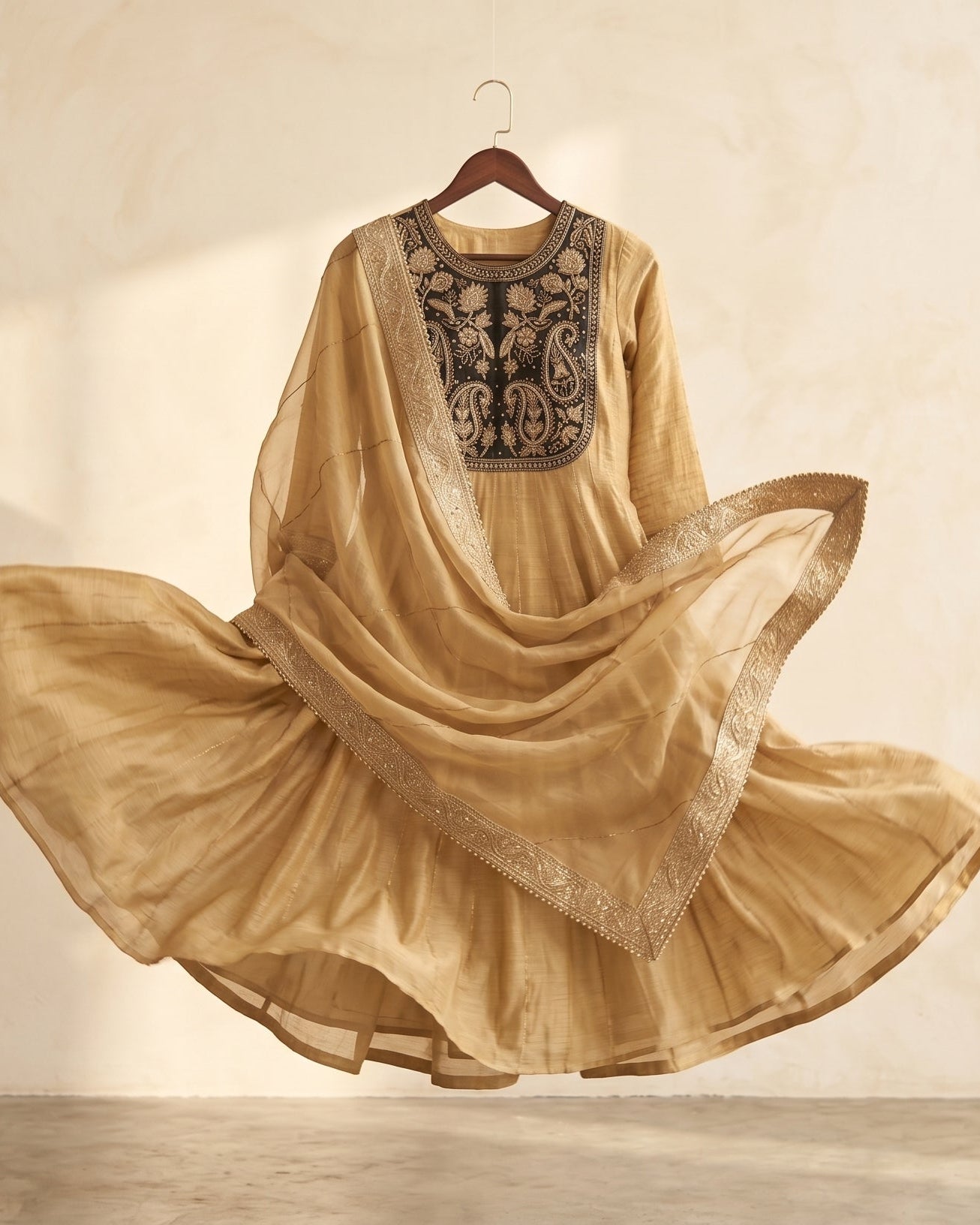 Golden Beige Organza Embroidered Kurta with Dupatta