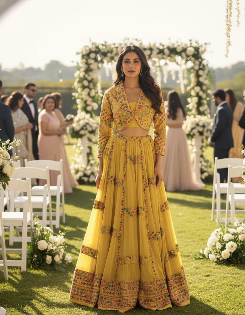 Mustard Yellow Premium Georgette Lehenga with Heavy Embroidered Shrug & Blouse