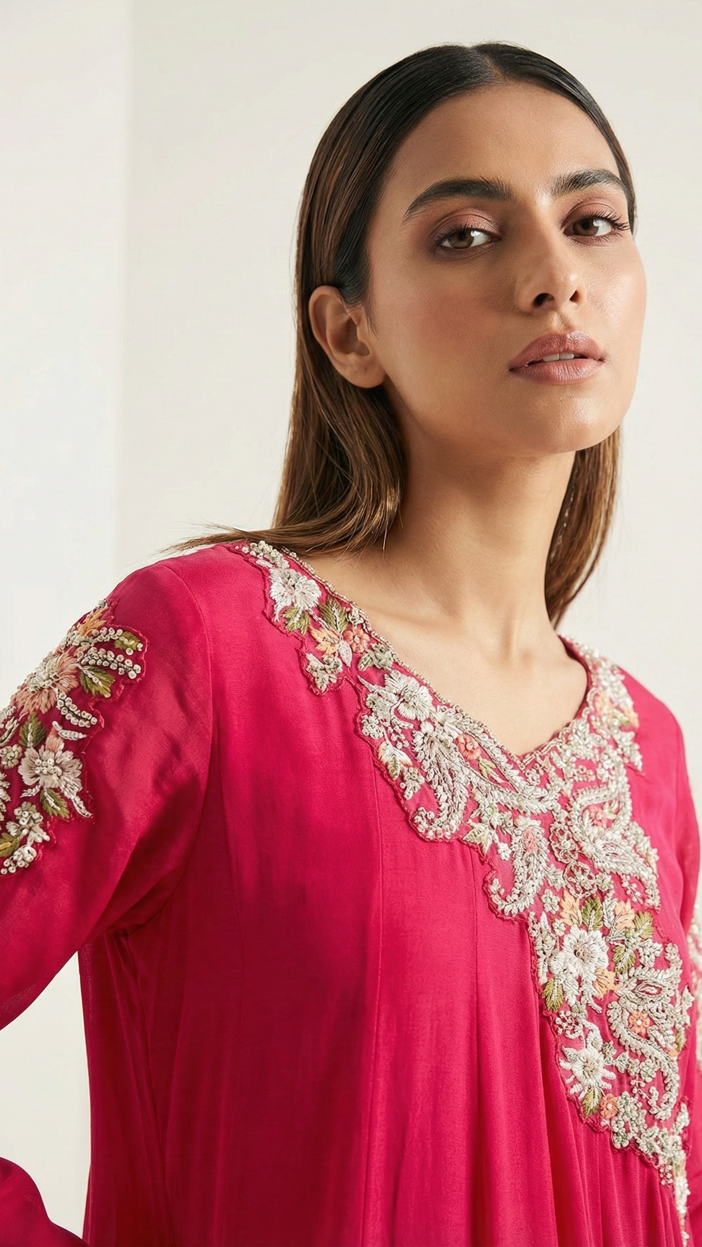 Rani Pink Chinnon Anarkali Suit Set with Heavy Embroidered Yoke