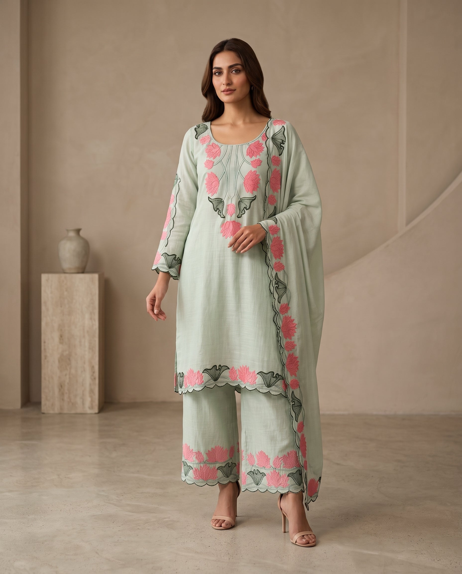 Mul Chanderi Lotus Appliqué Embroidered Straight Suit with Palazzo & Dupatta
