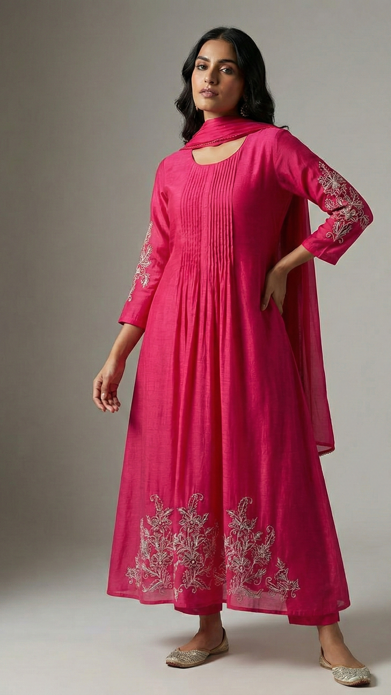 Pink Pure Mulchanderi Handwork Suit Set with Matching Pants & Dupatta