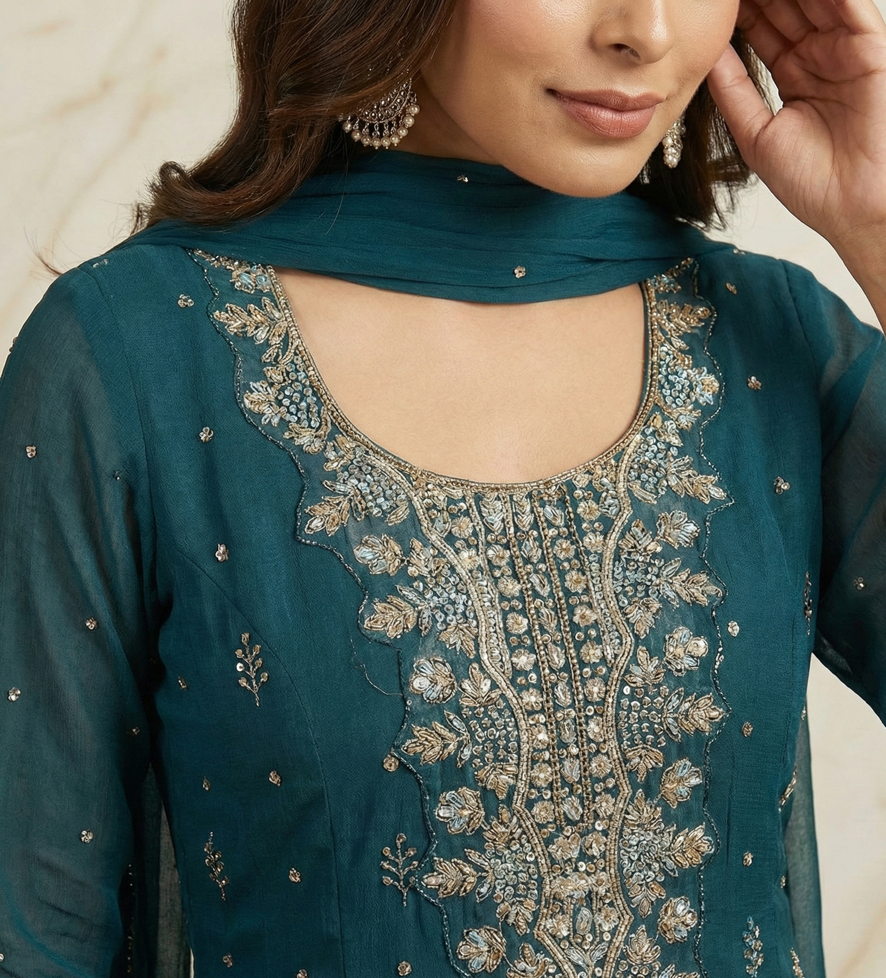 Teal Blue Handworked Chiffon Georgette Anarkali Suit with Dupatta