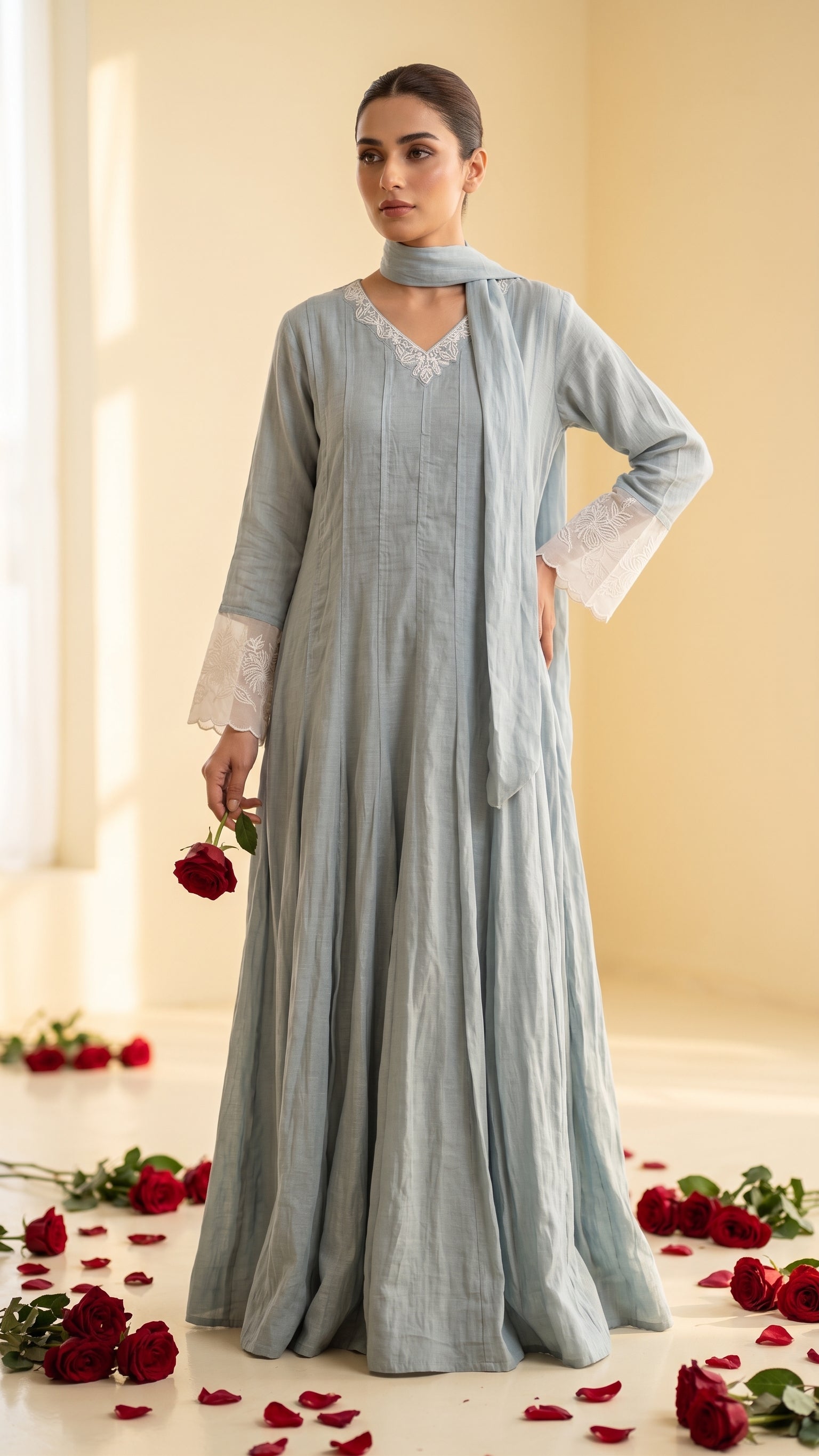 Powder Blue Mul Chanderi Anarkali Suit with Embroidered Cuffs & Dupatta