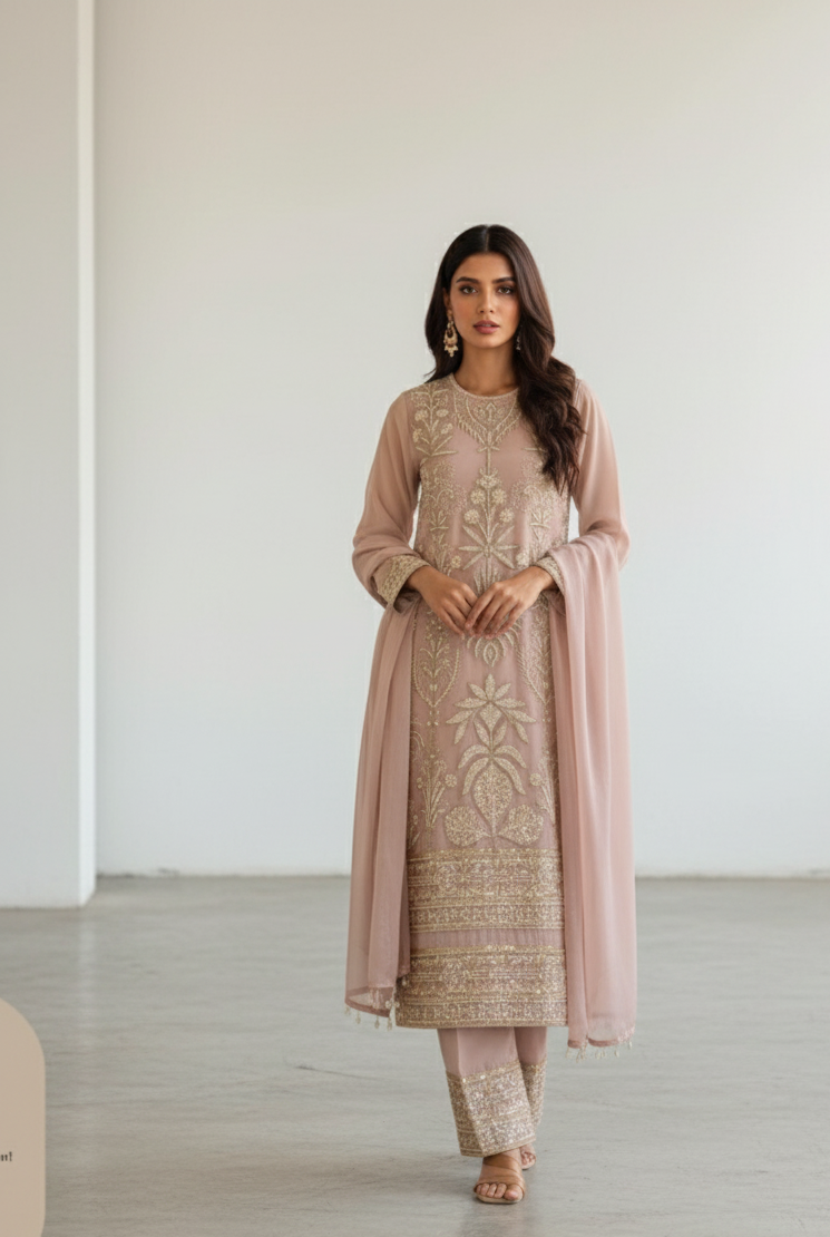 Blush Pink Premium Georgette Embroidered Top Palazzo Set with Dupatta