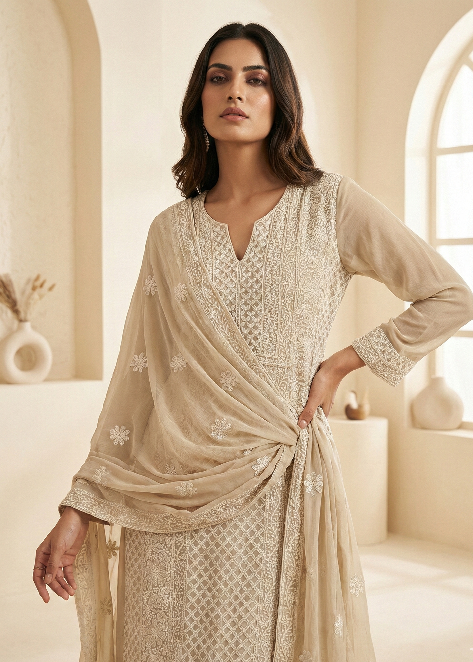 Ivory Pure Georgette Handwork Straight Suit Set with Dupatta & Pants | Premium Festive Wear