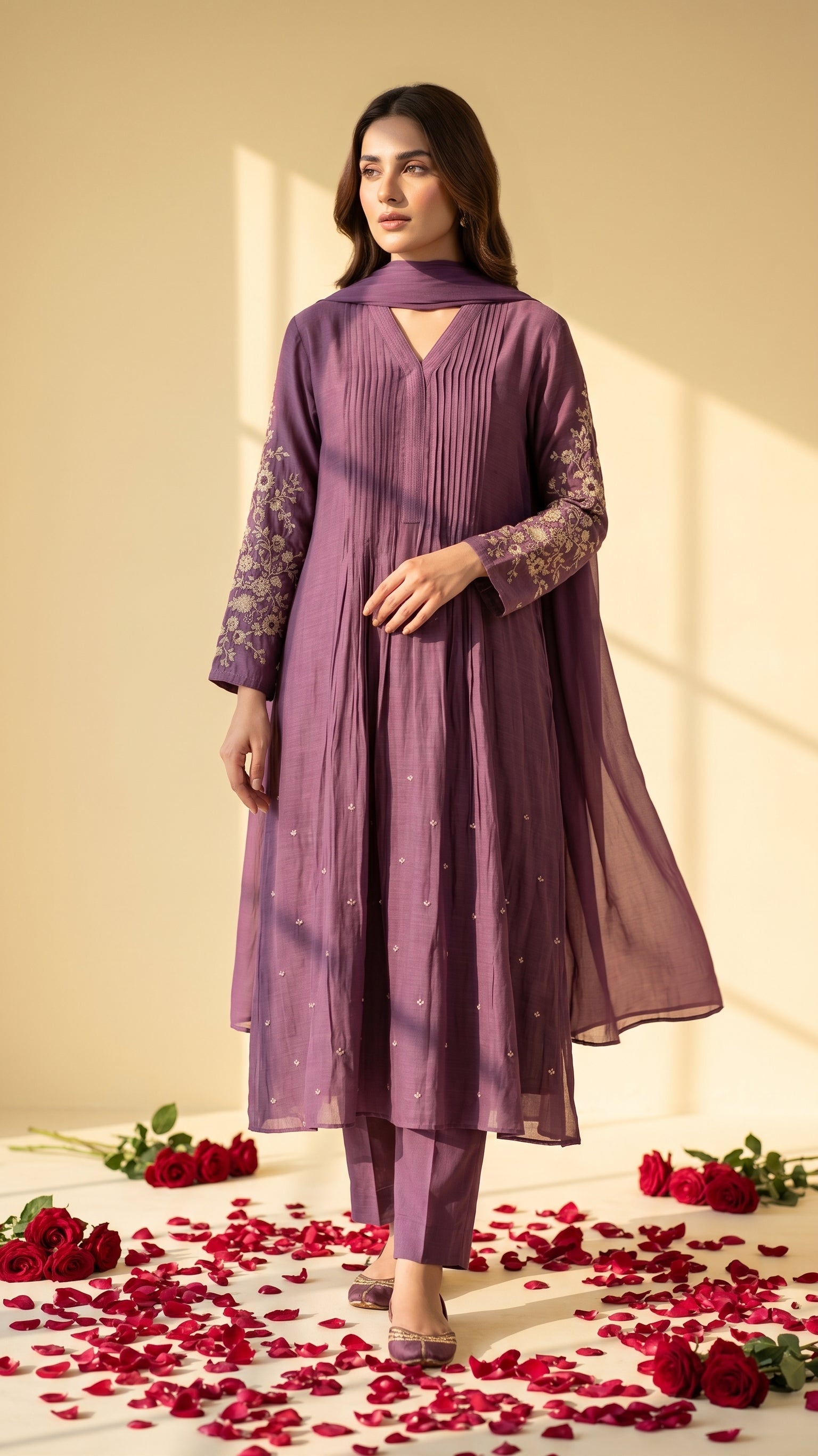 Dusty Plum Mul Chanderi Handwork Anarkali Suit with Dupatta