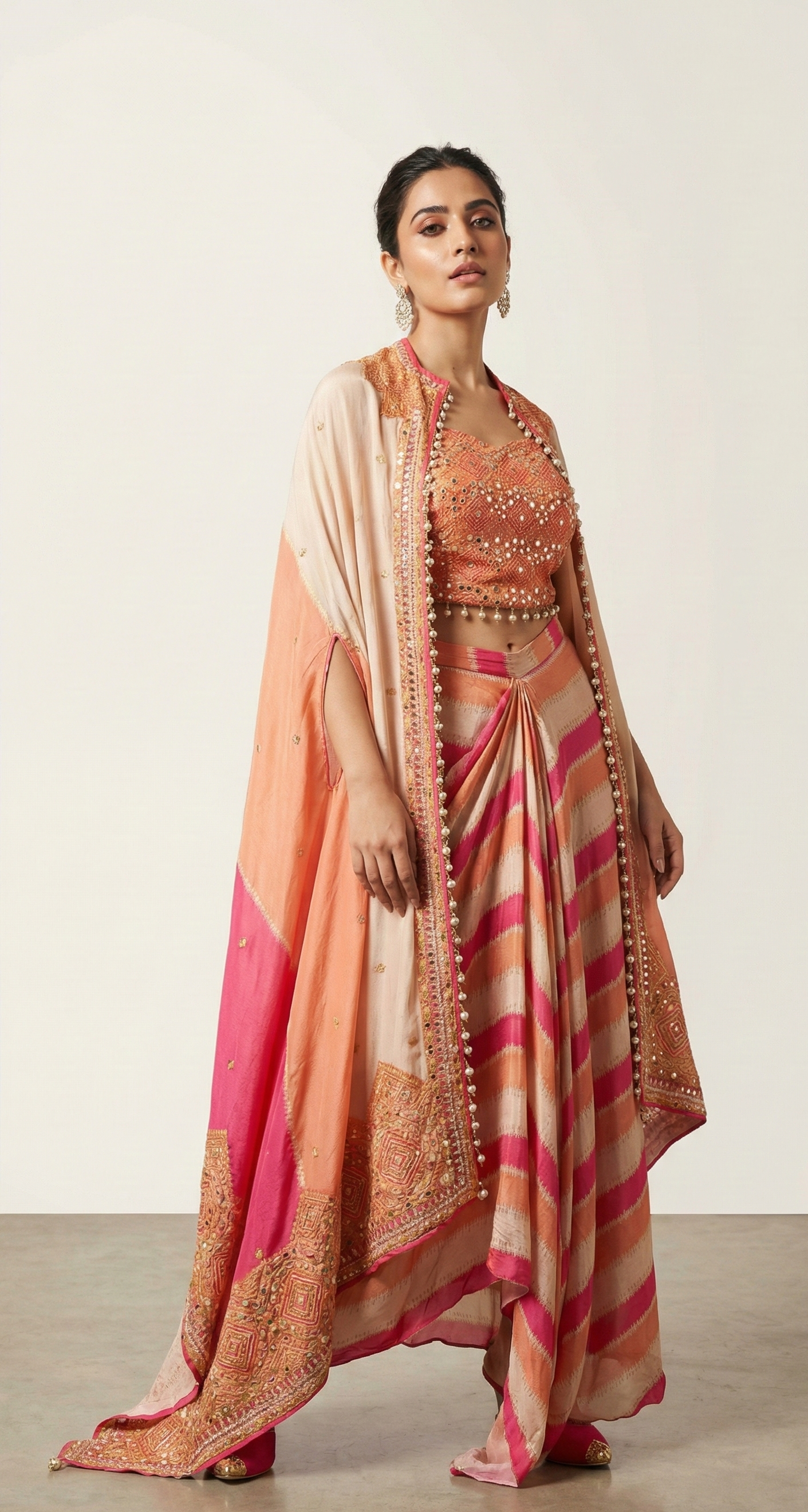 Ivory & Hot Pink Chiffon–Georgette Cape Crop Top with Skirt Set