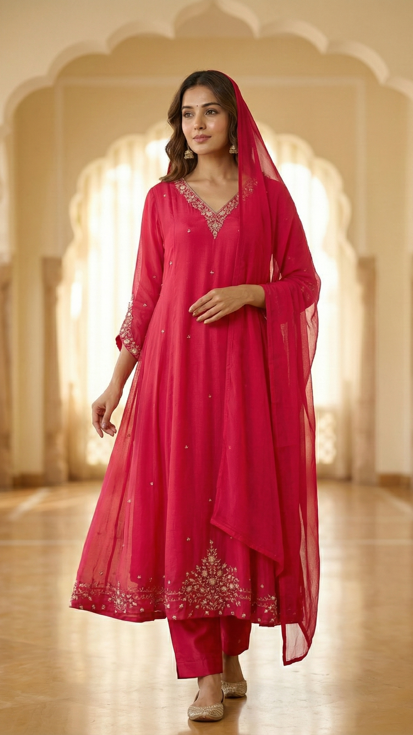 Rani Pink Chinnon Embroidered Anarkali Suit Set with Dupatta & Pants