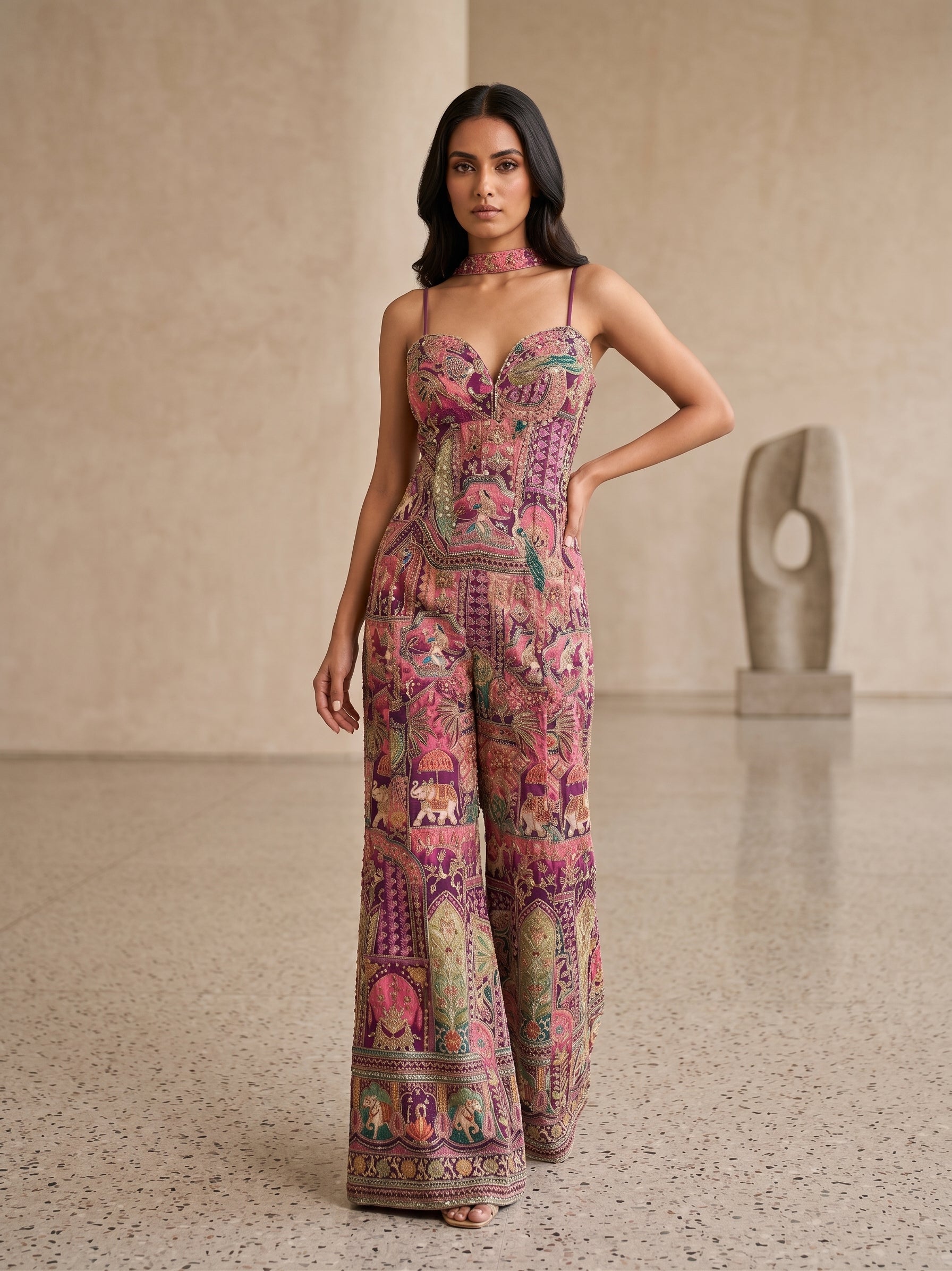 Rani Pink Banarasi Patchwork Corset & Flared Palazzo Set