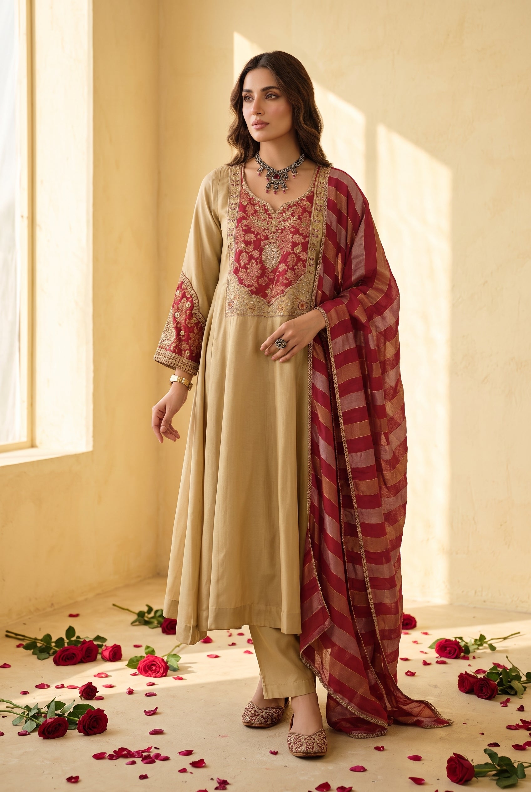 Royal Zariya Beige & Maroon Viscose Kanjivaram Embroidered Kurta Pant Dupatta Set