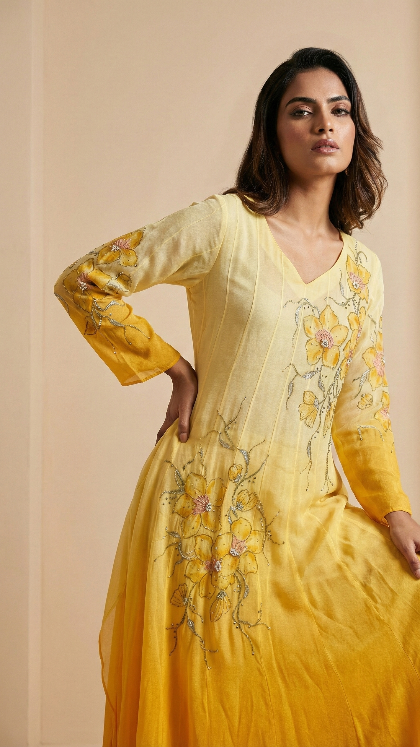 Yellow Ombre Chinon Floor Length Anarkali Suit Set with Brush Paint & Handwork Dupatta |