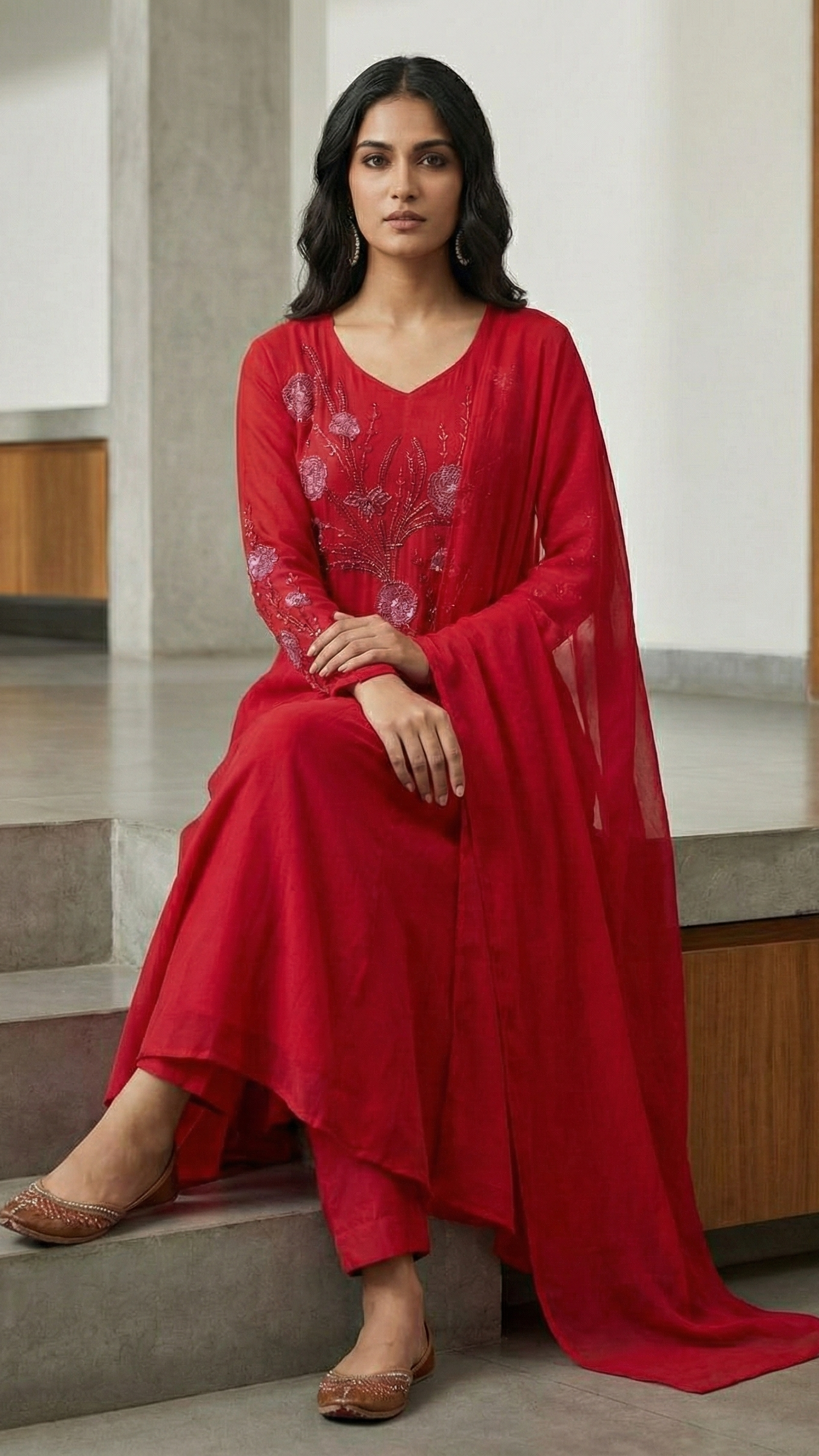 Crimson Bloom Chinnon Anarkali Suit Set