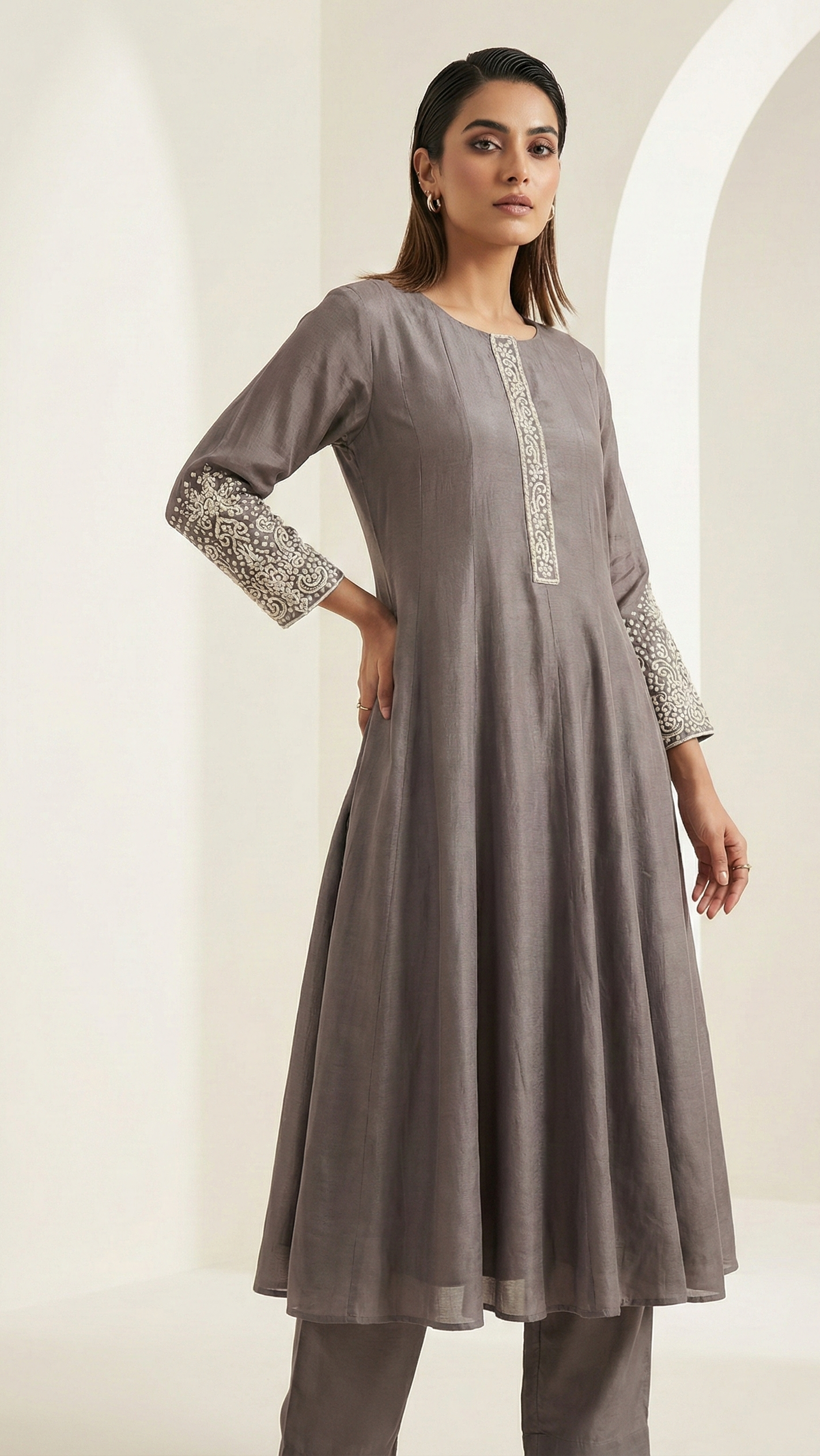 Smoke Grey Chinnon Anarkali Suit Set with Handwork | Dupatta & Pants