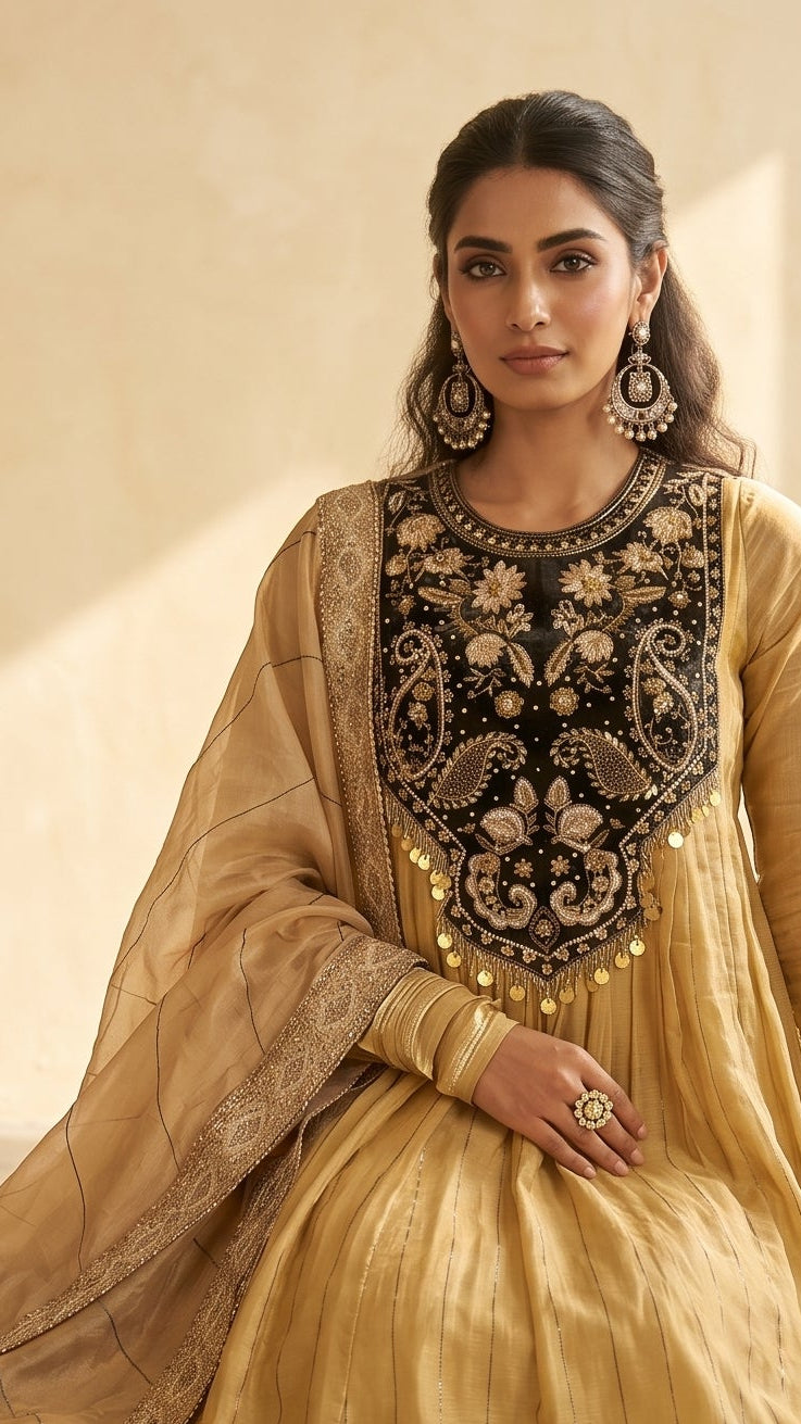 Golden Beige Organza Embroidered Kurta with Dupatta