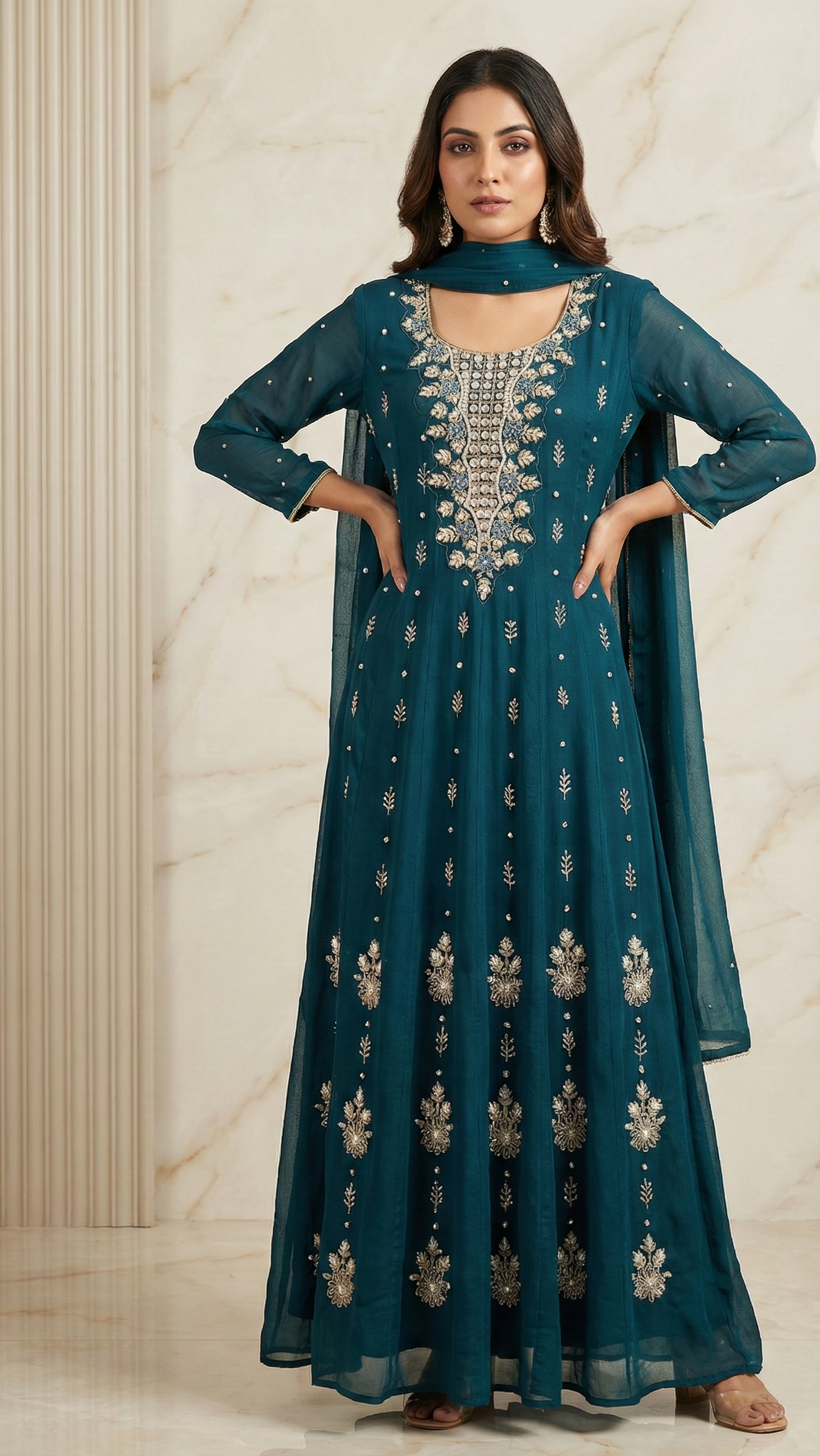 Teal Blue Handworked Chiffon Georgette Anarkali Suit with Dupatta