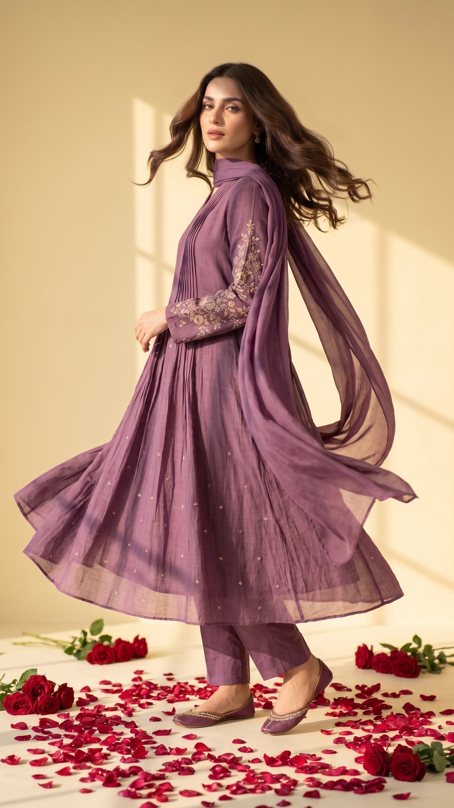 Dusty Plum Mul Chanderi Handwork Anarkali Suit with Dupatta