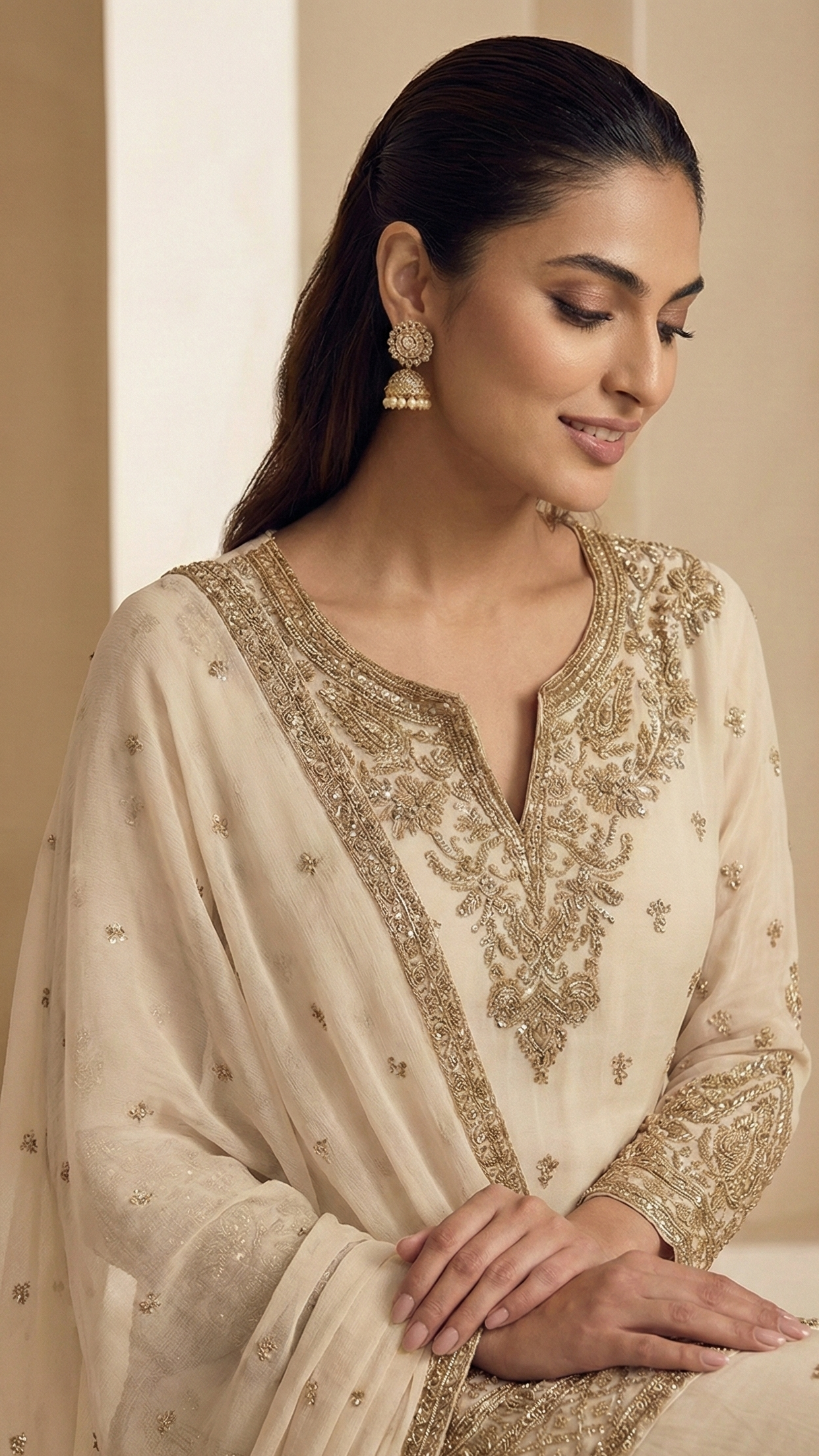 Teal Green and Ivory Indo-Western Chinnon Silk Embroidered Kurta Set with Dupatta