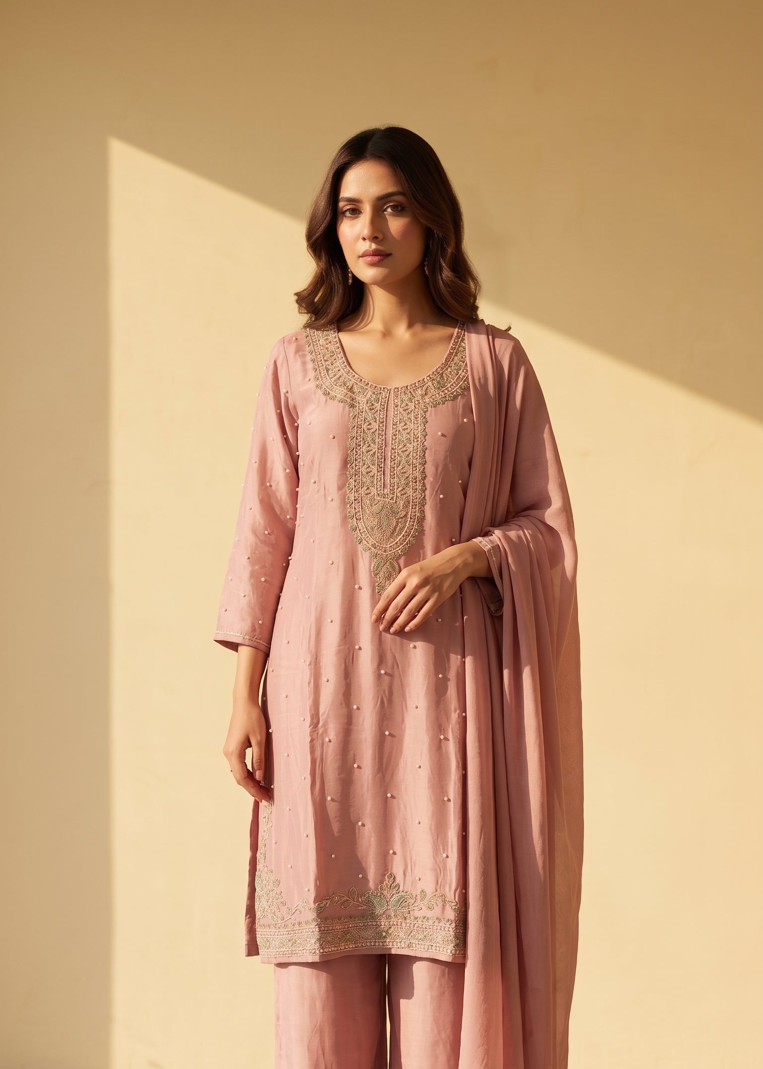 Dusty Rose Crepe Handwork Palazzo Suit with Dupatta