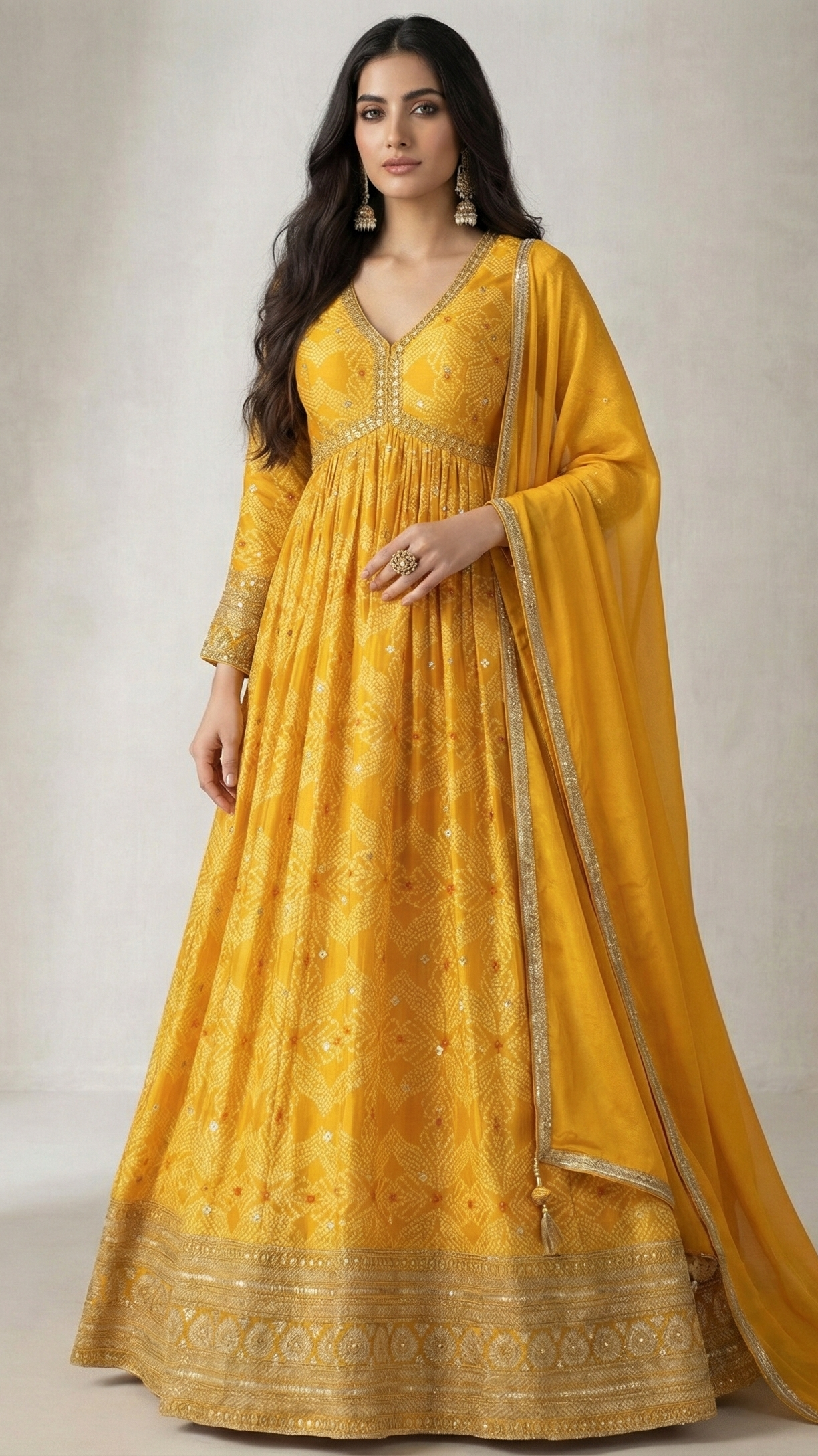 Mustard Yellow Premium Chinon Silk Embroidered Gown with Dupatta