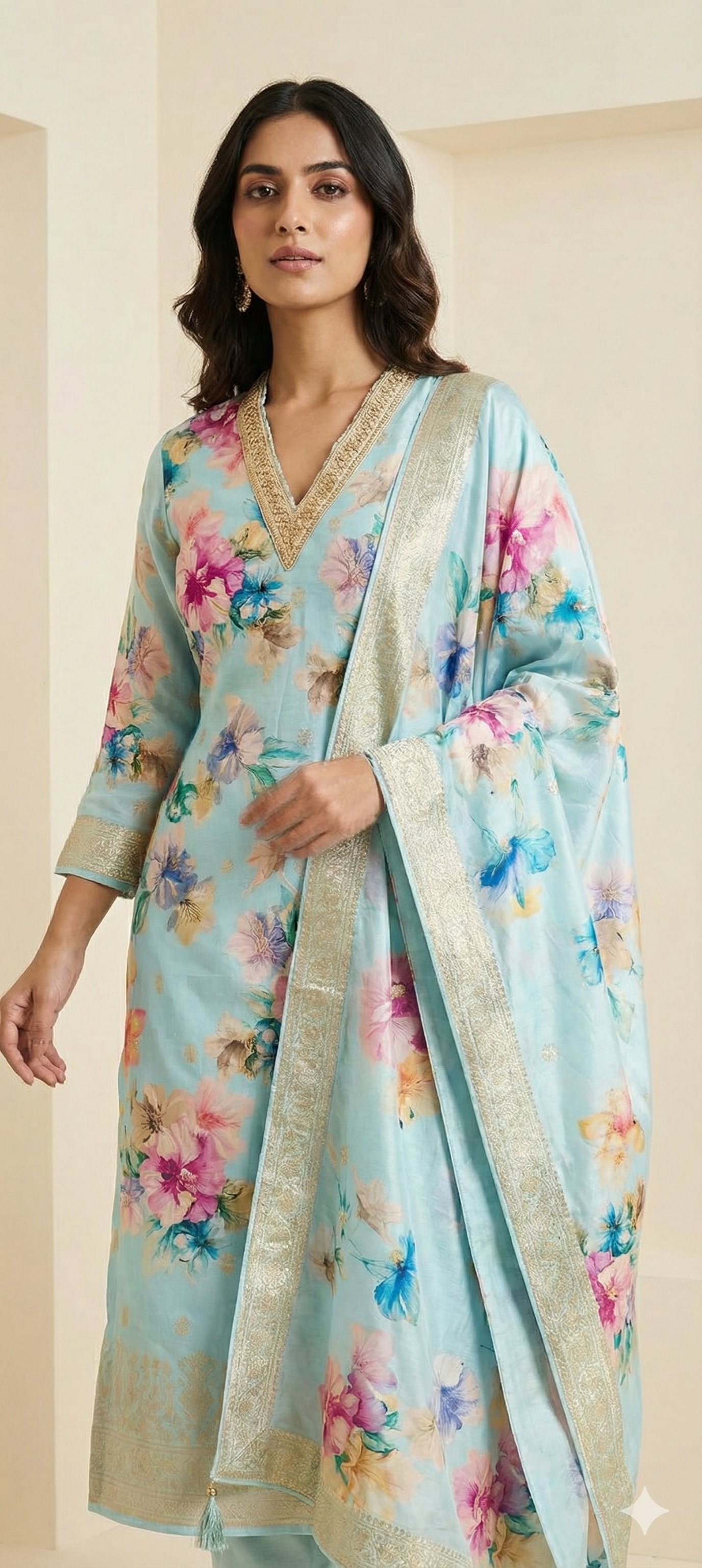 Pastel Floral Indo-Western Silk Kurta Set with Digital Print & Embroidered Dupatta