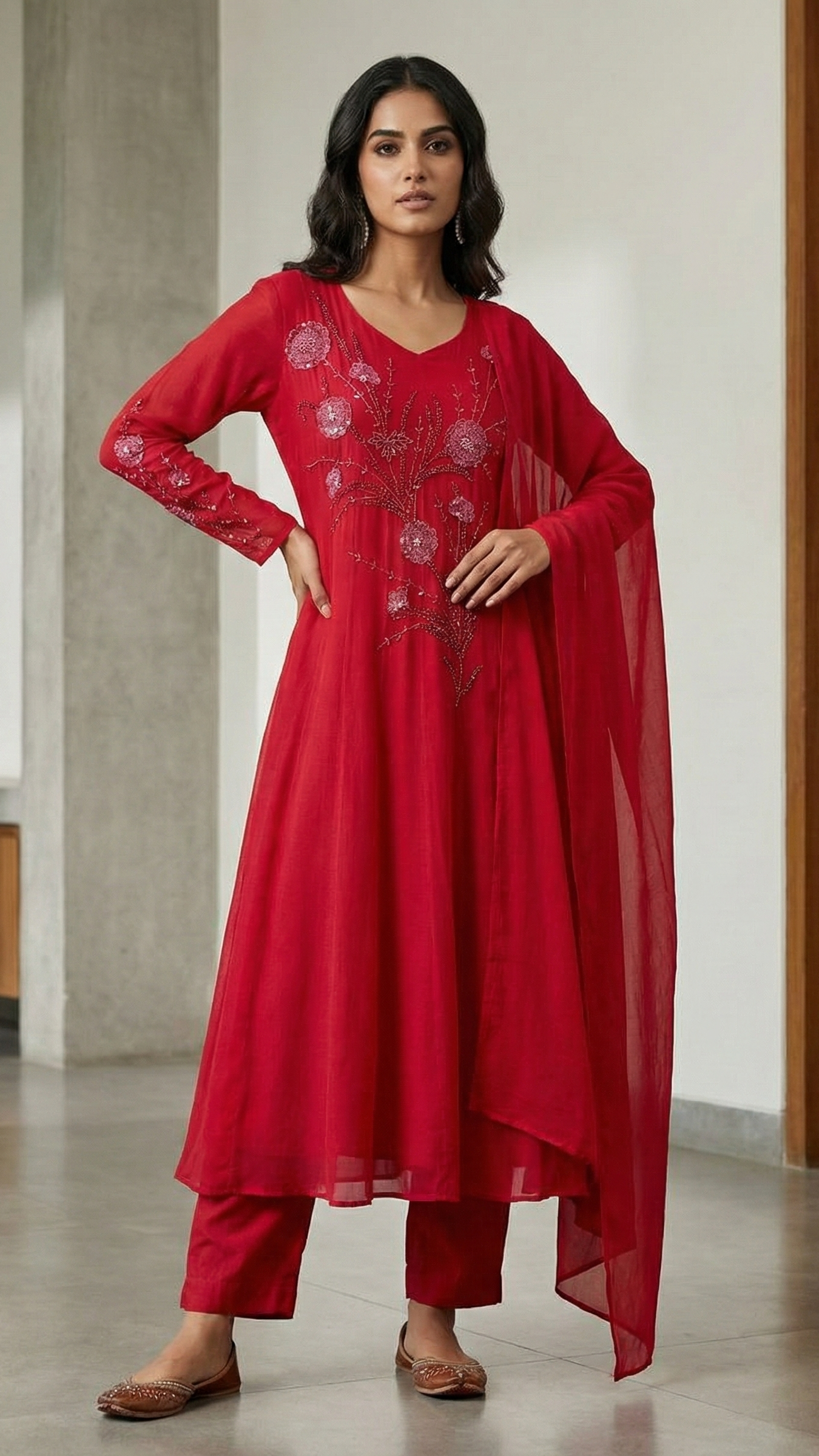 Crimson Bloom Chinnon Anarkali Suit Set