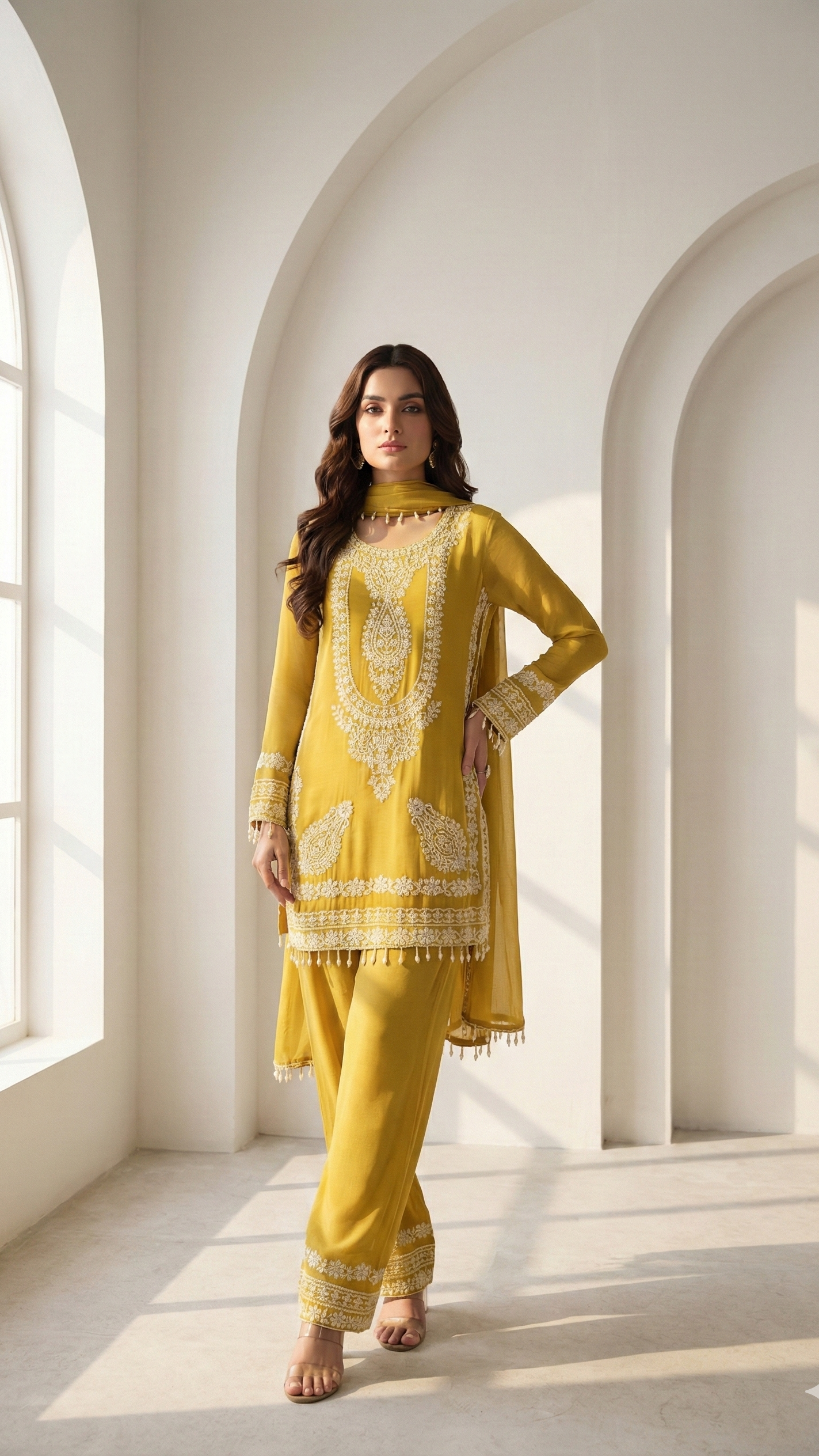 Mustard Yellow Premium Georgette Suit Set with Heavy Beads Embroidery & Chinon Silk Palazzo