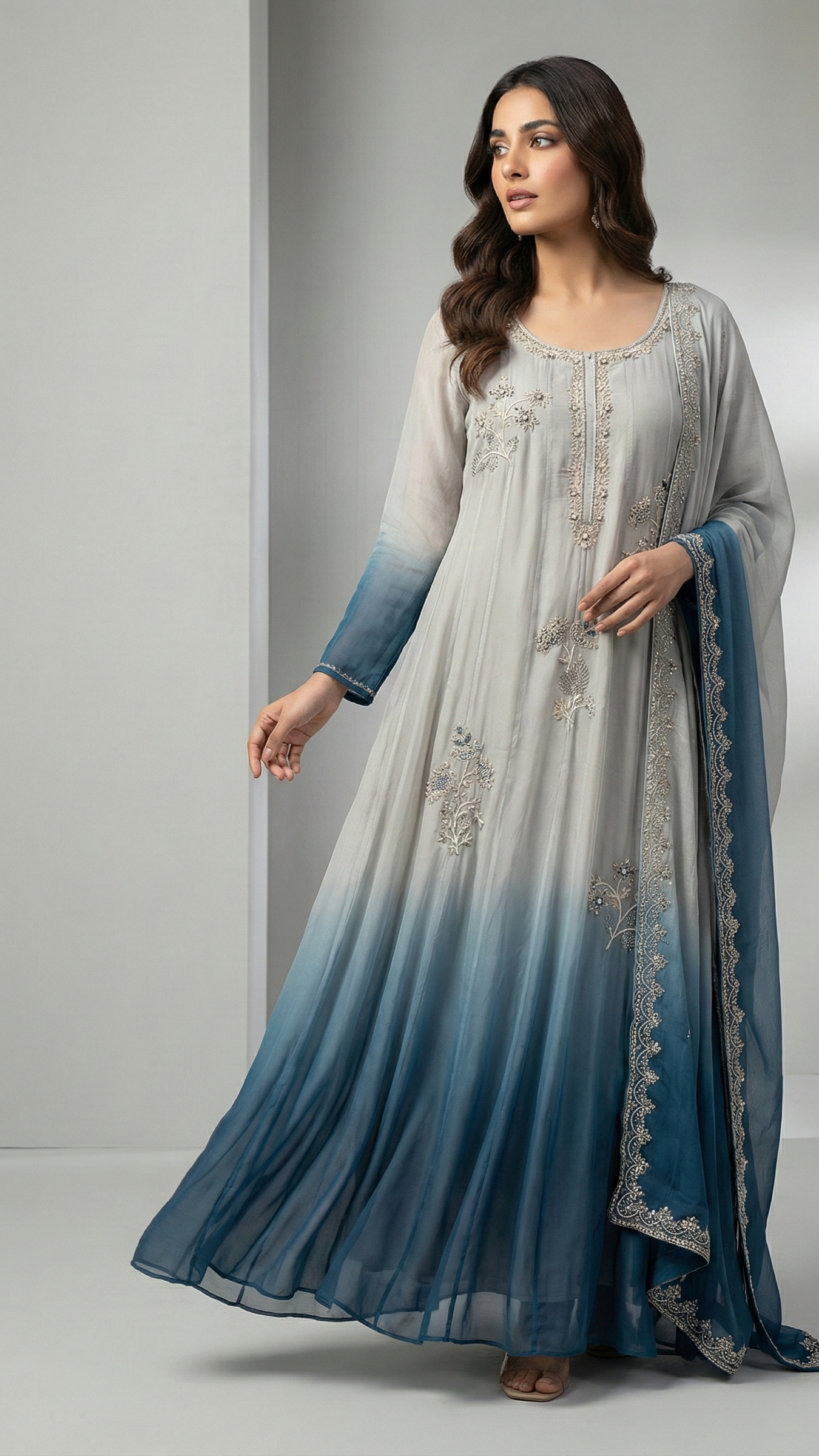 Ombre Grey-Teal Chiffon Anarkali Suit Set with Handwork Embellishment