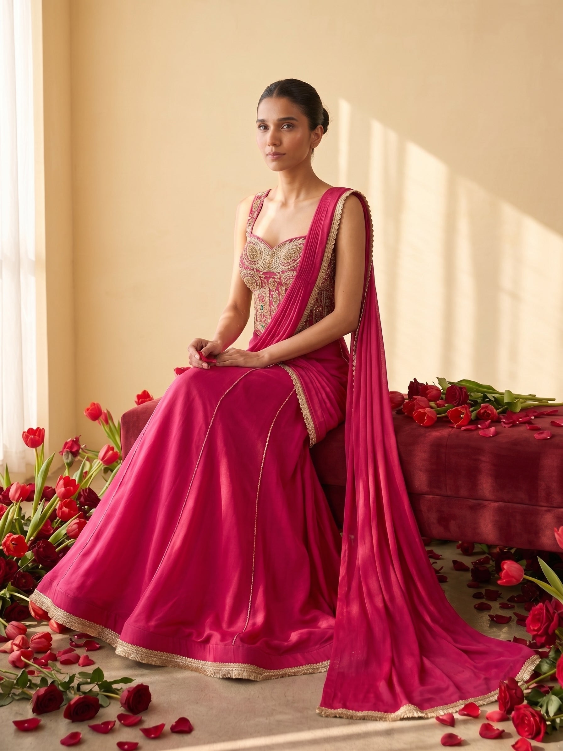 Fuchsia Pink & Turquoise Chinnon Drape Saree with Handwork Corset Blouse