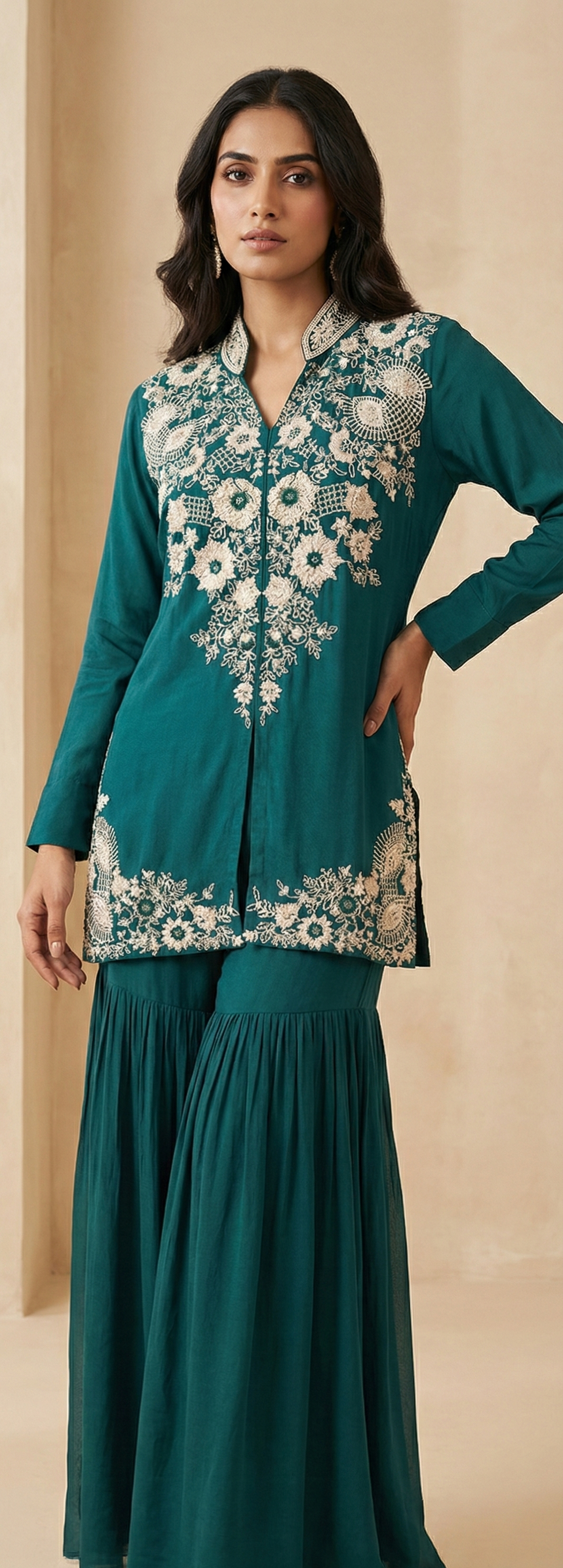 Teal Green Chinnon Handwork Kurta Set with Gharara Bottom